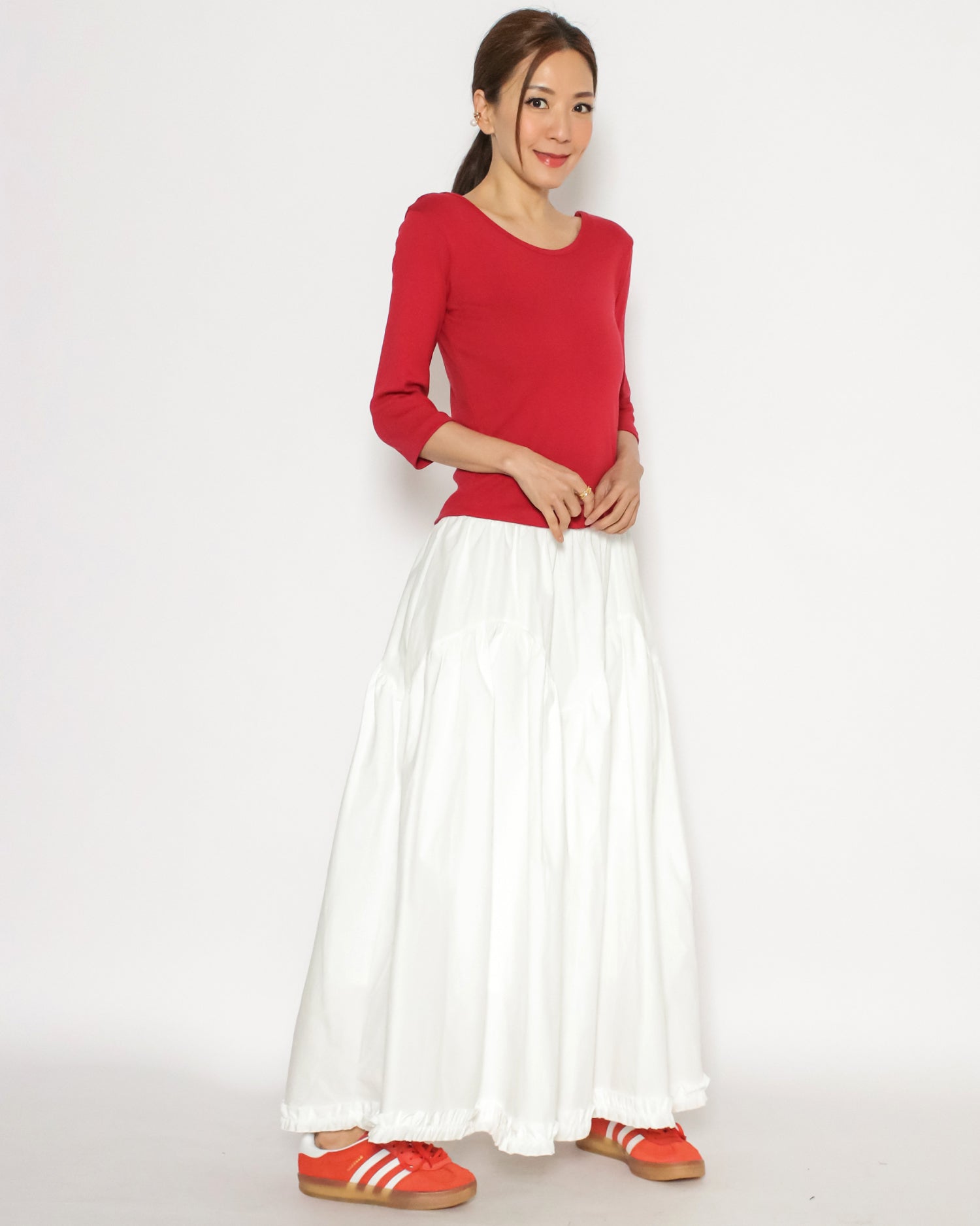 ivory ruffles hem shirt flare skirt