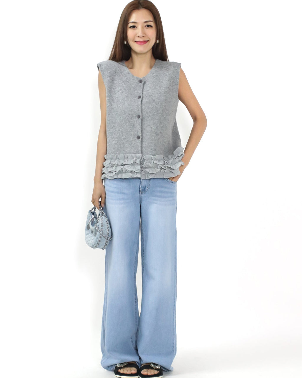 grey knitted w/ mesh ruffles hem vest jacket *pre-order*
