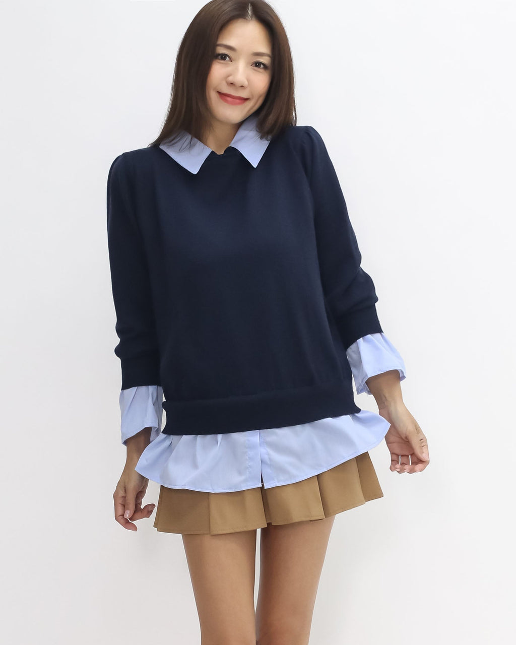 navy knitted w/ blue shirt contrast top *pre-order*