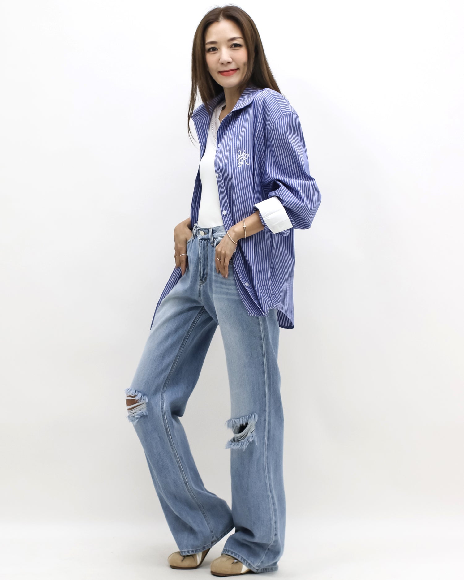 blue & ivory stripes w/ embroidered front shirt