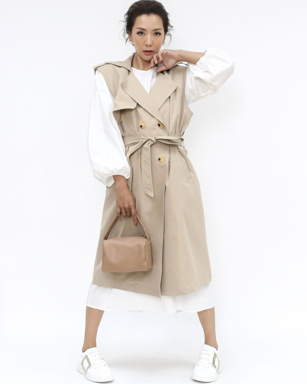 beige vest trench coat w/ ivory shirt dress *pre-order*