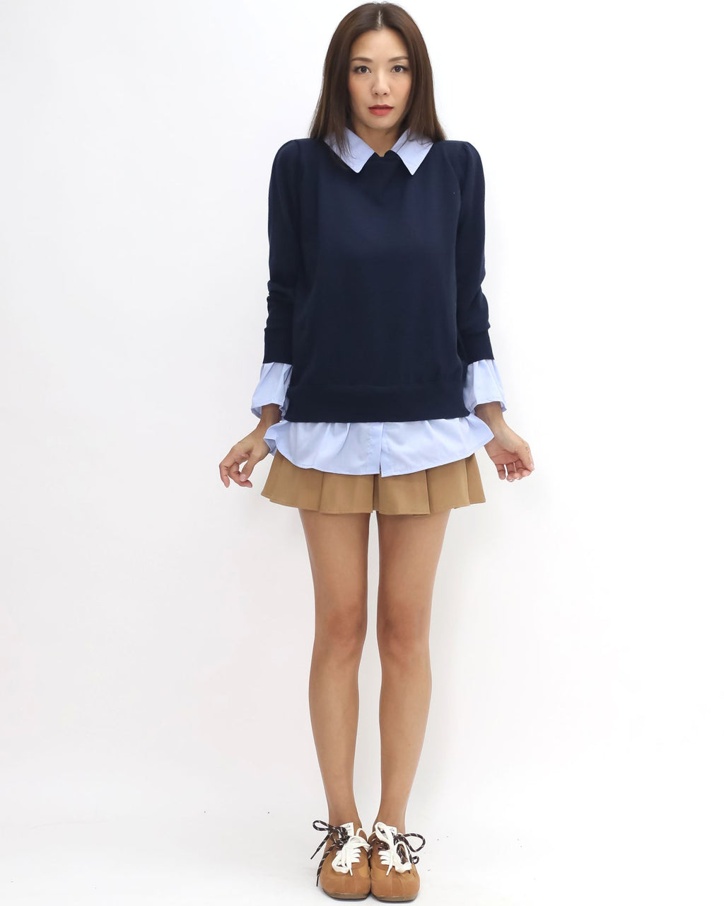 navy knitted w/ blue shirt contrast top *pre-order*