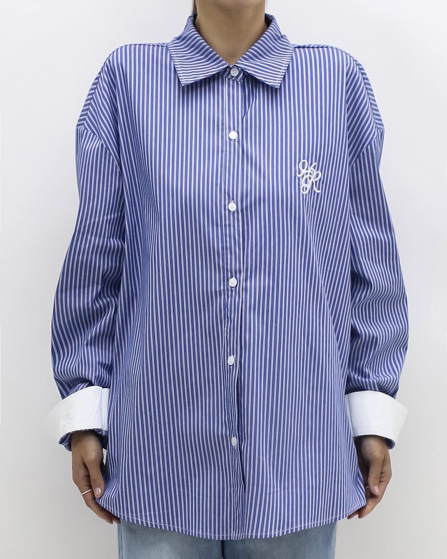 blue & ivory stripes w/ embroidered front shirt