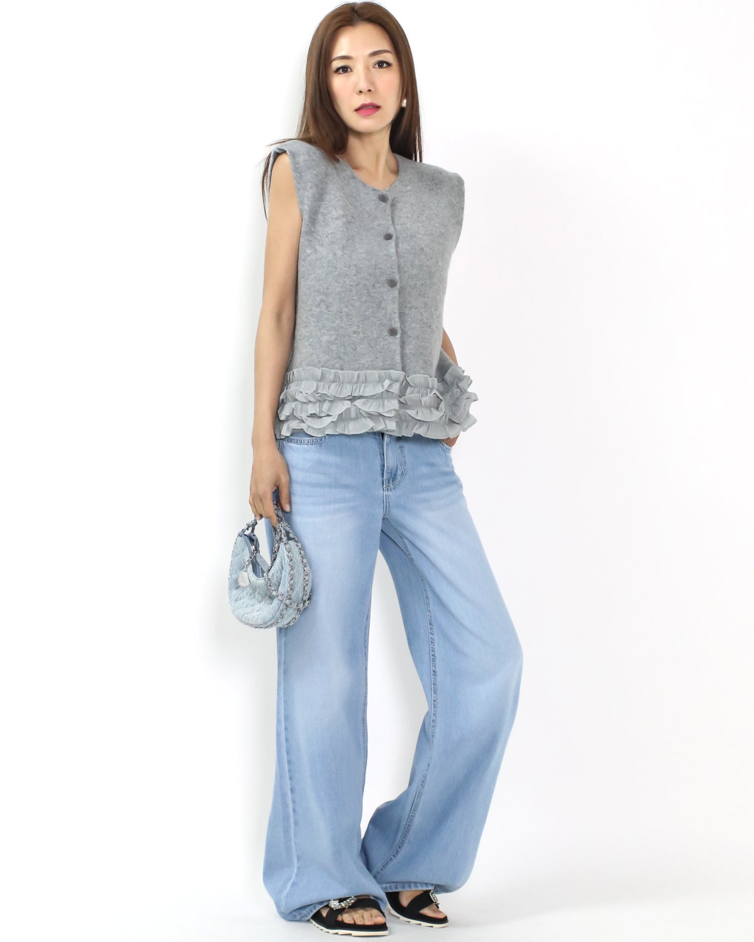 grey knitted w/ mesh ruffles hem vest jacket *pre-order*