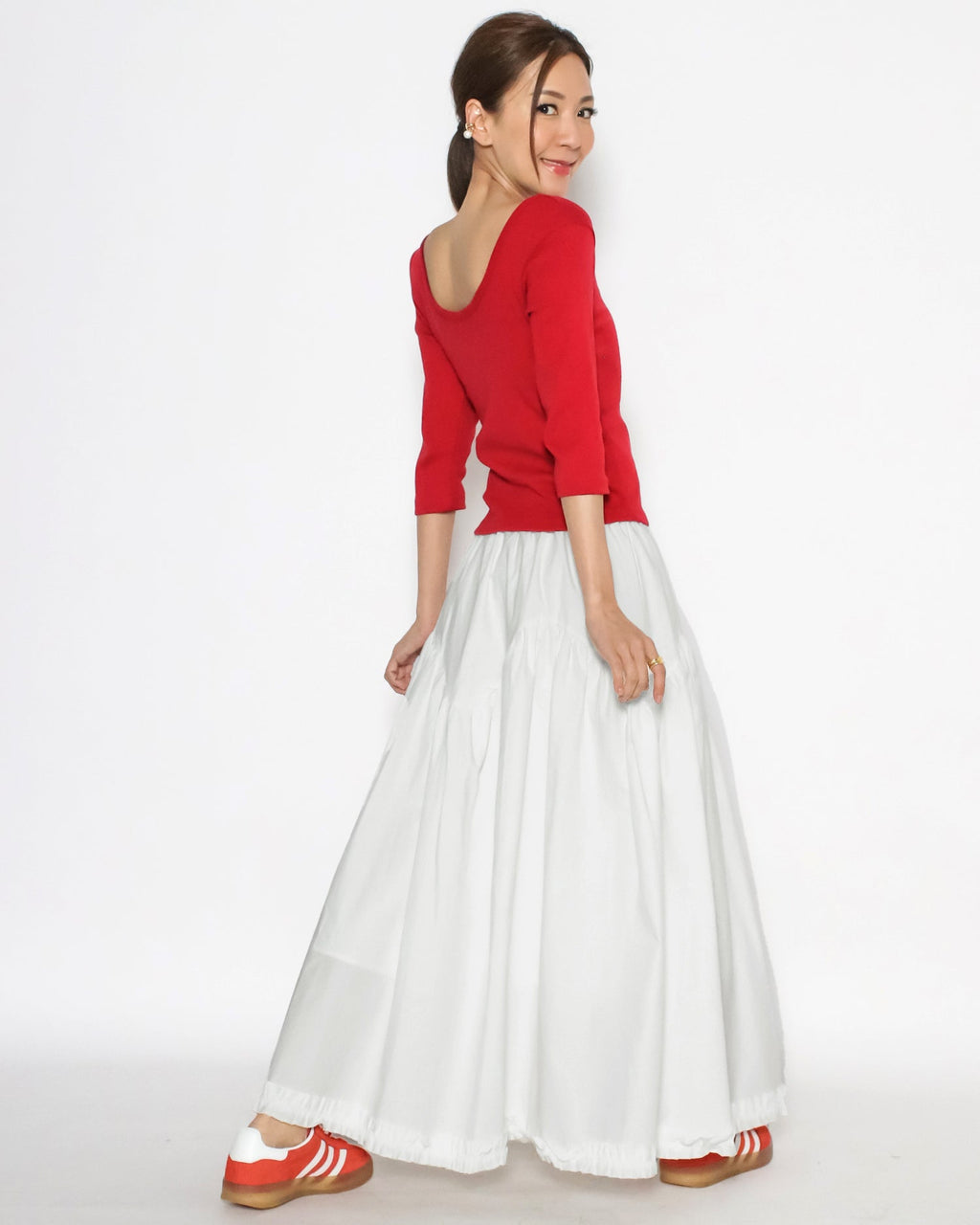 ivory ruffles hem shirt flare skirt