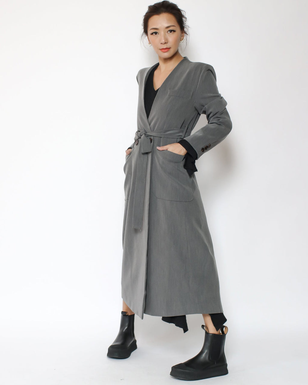 grey blazer longline jacket with belt *pre-order*