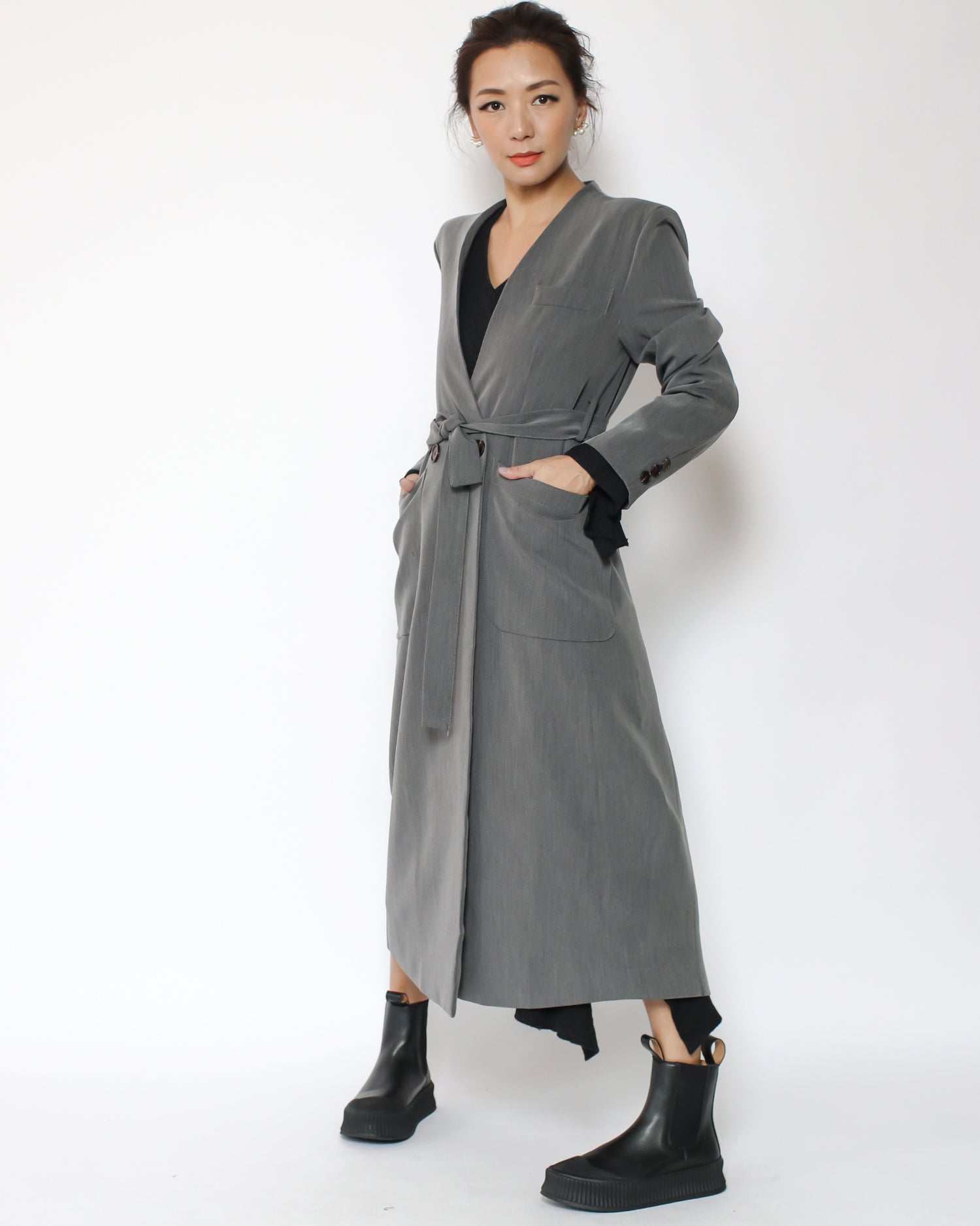 grey blazer longline jacket with belt *pre-order*