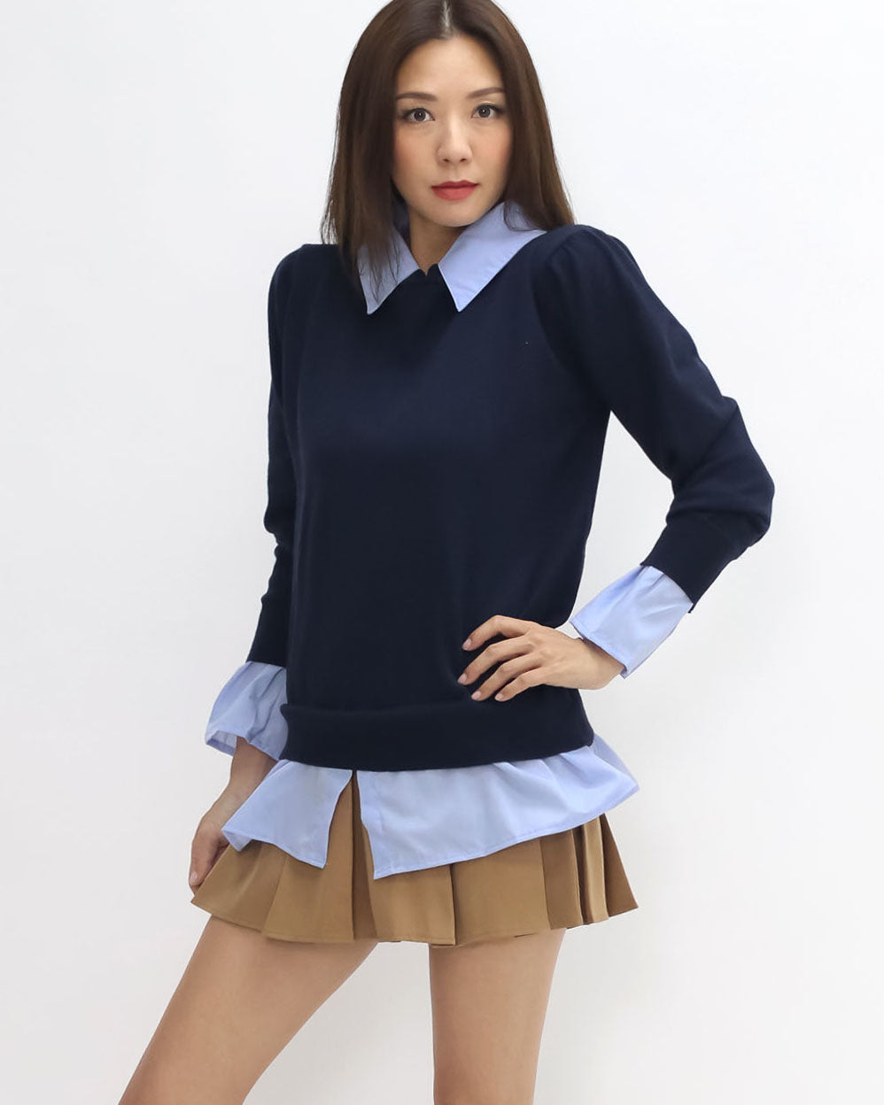 navy knitted w/ blue shirt contrast top *pre-order*