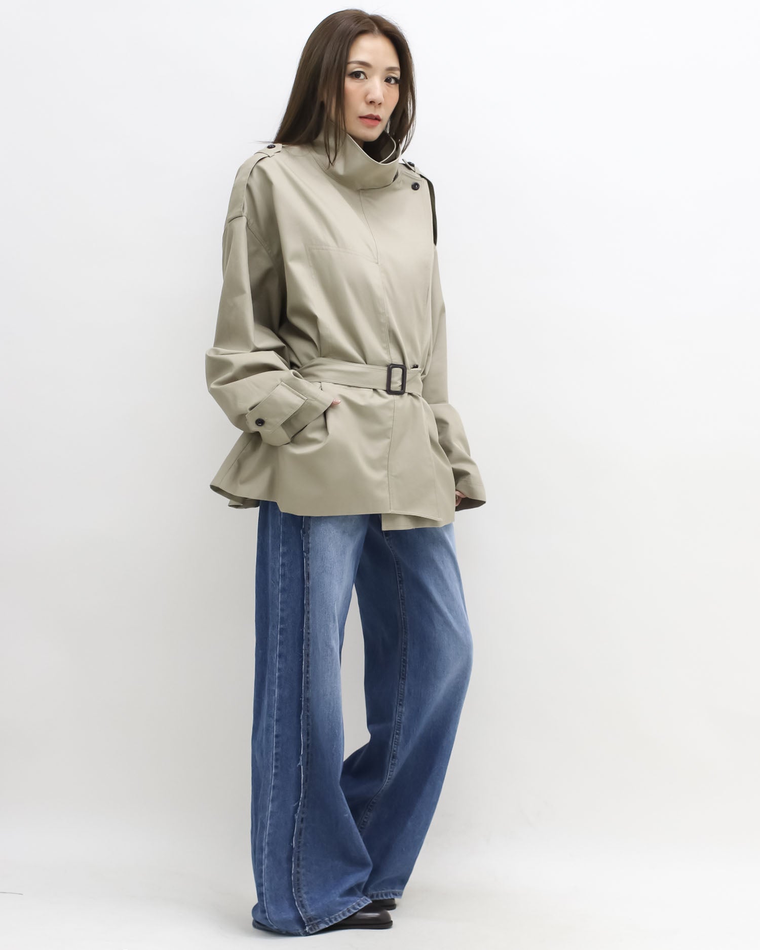 beige longline trench coat w/ belt