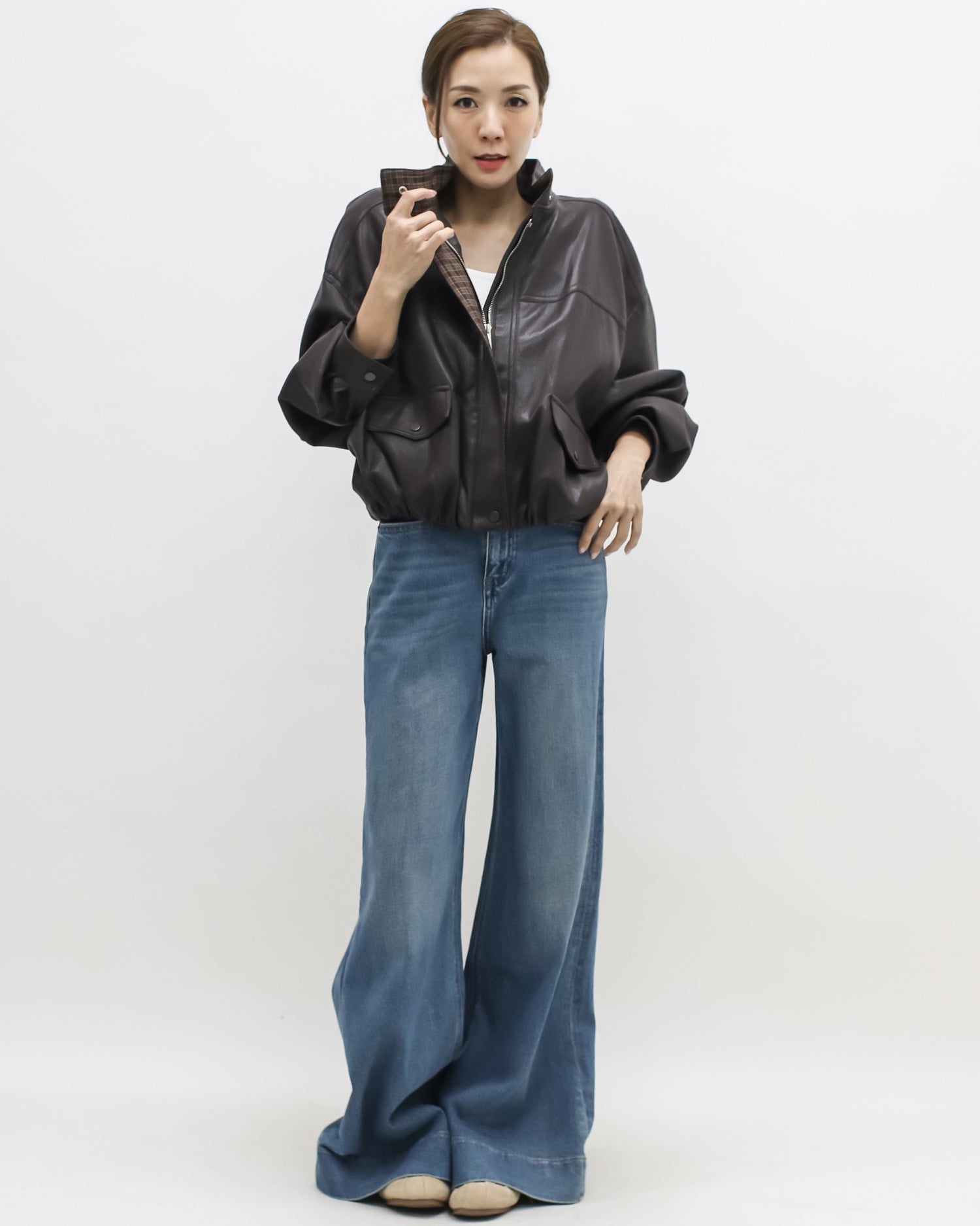 brown PU leather bomber jacket *pre-order*