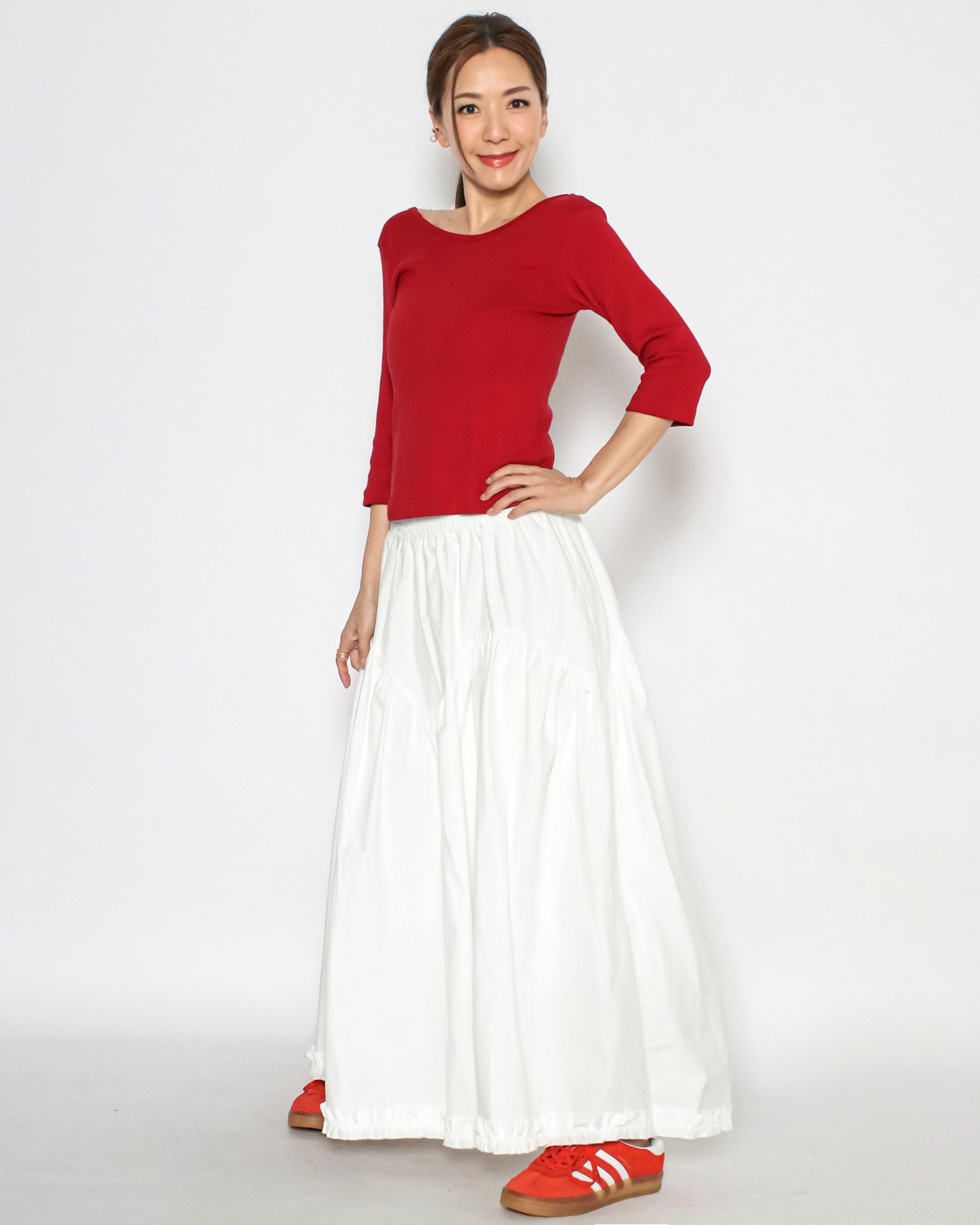 ivory ruffles hem shirt flare skirt