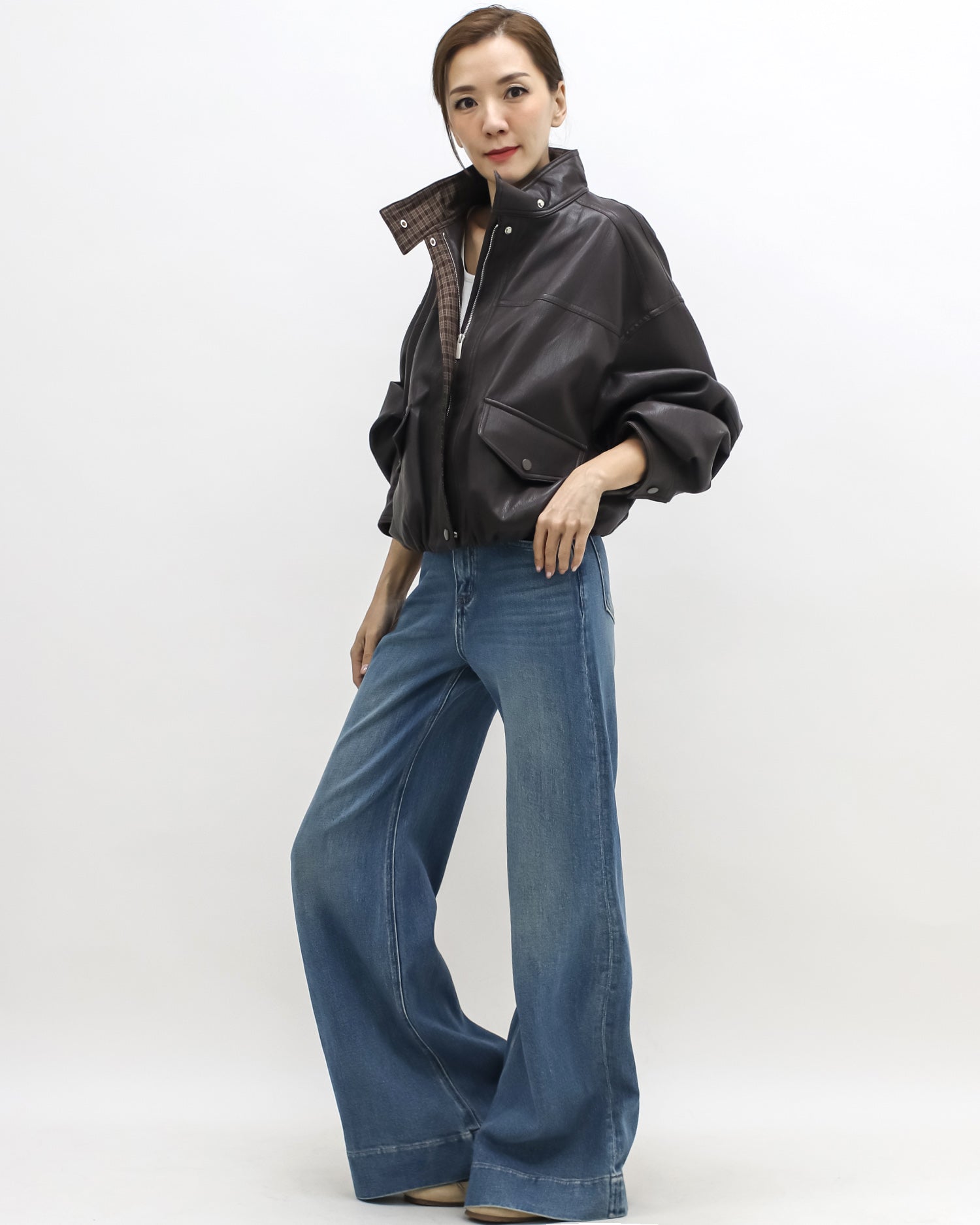 brown PU leather bomber jacket *pre-order*