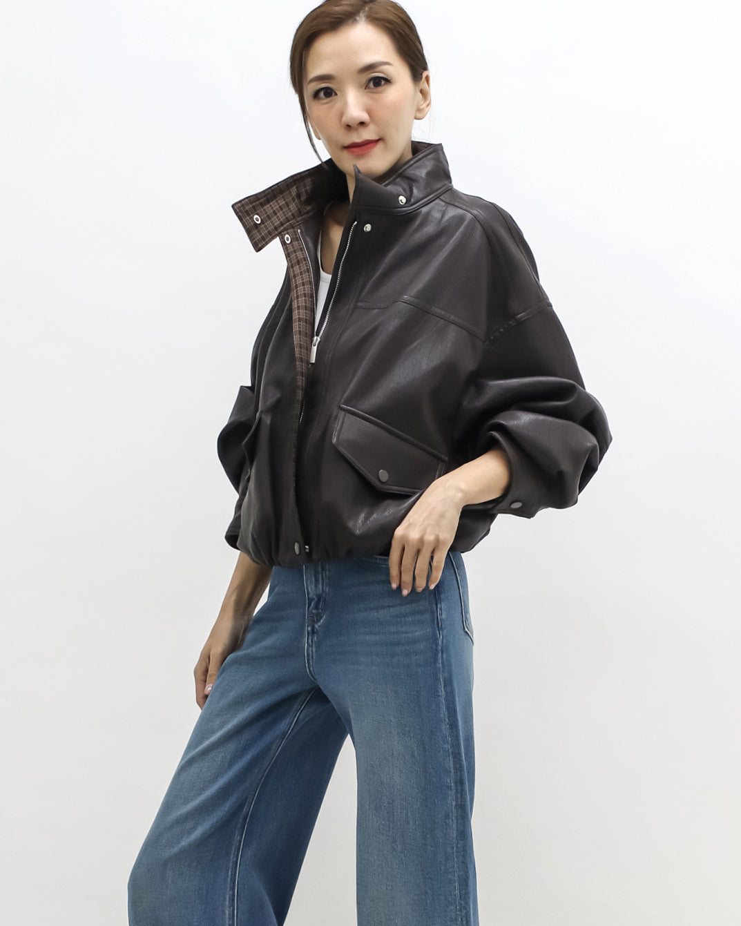 brown PU leather bomber jacket *pre-order*