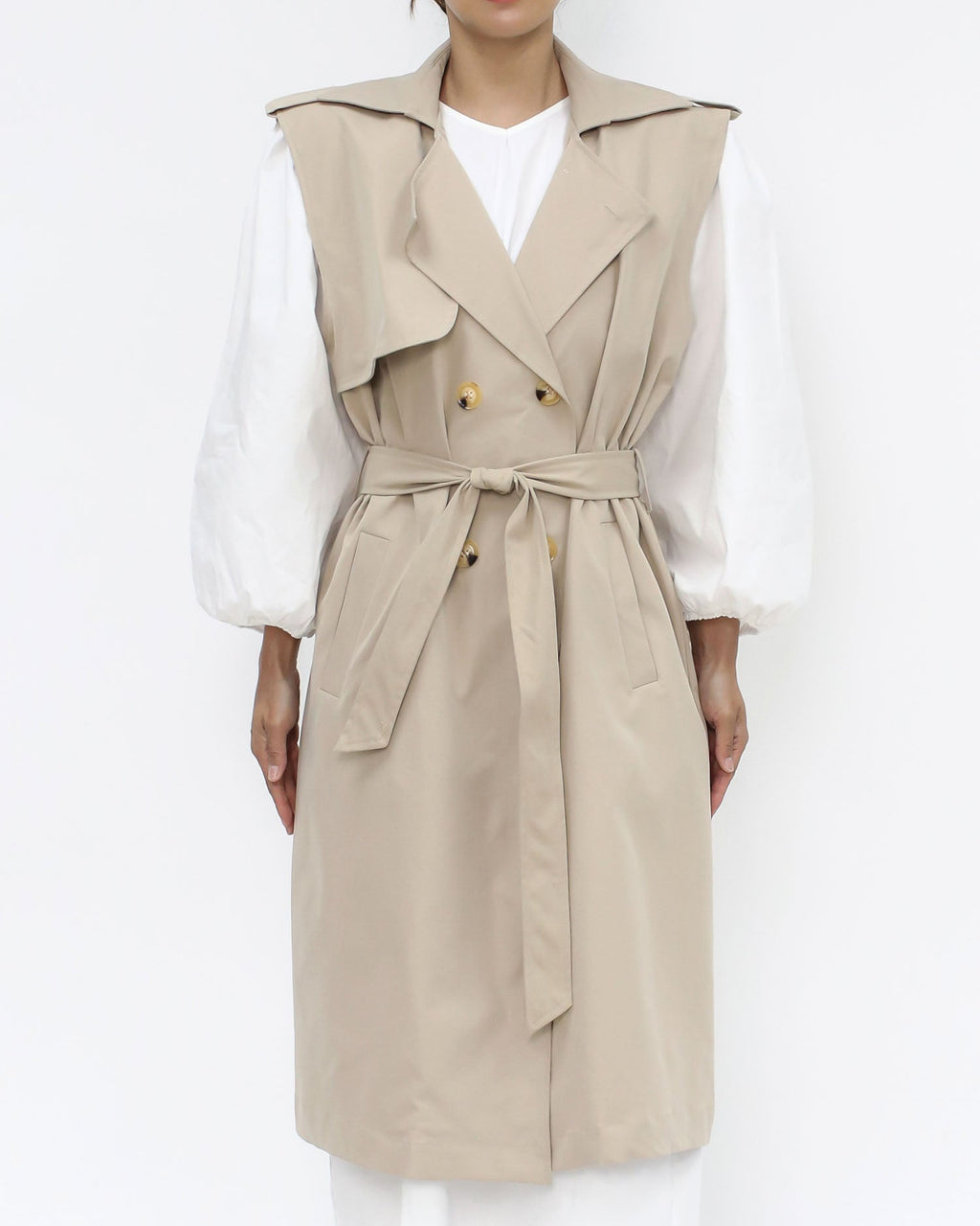 beige vest trench coat w/ ivory shirt dress *pre-order*