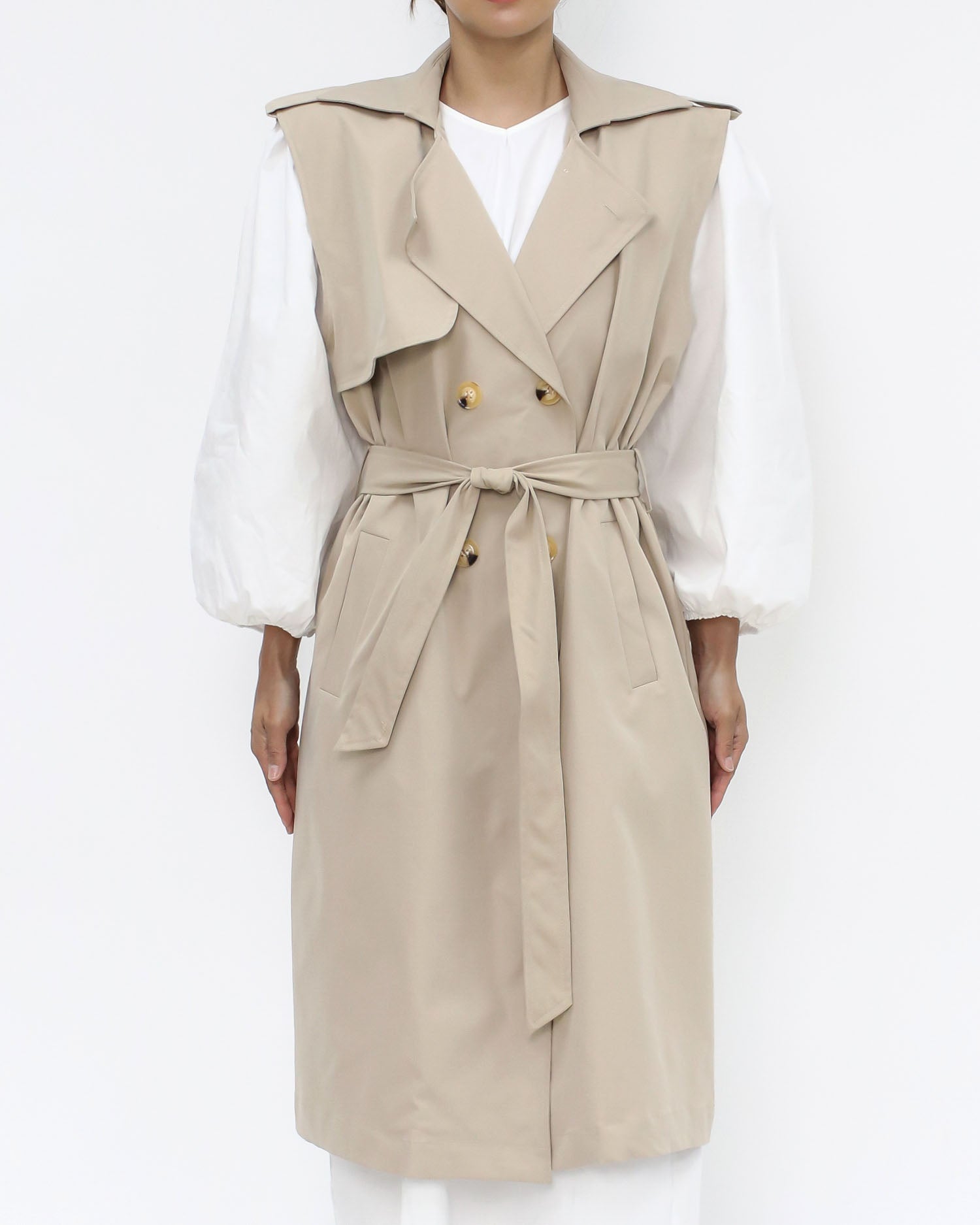 beige vest trench coat w/ ivory shirt dress *pre-order*