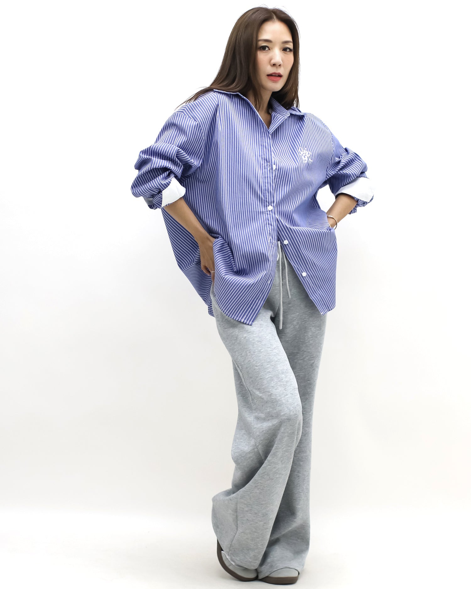 blue & ivory stripes w/ embroidered front shirt