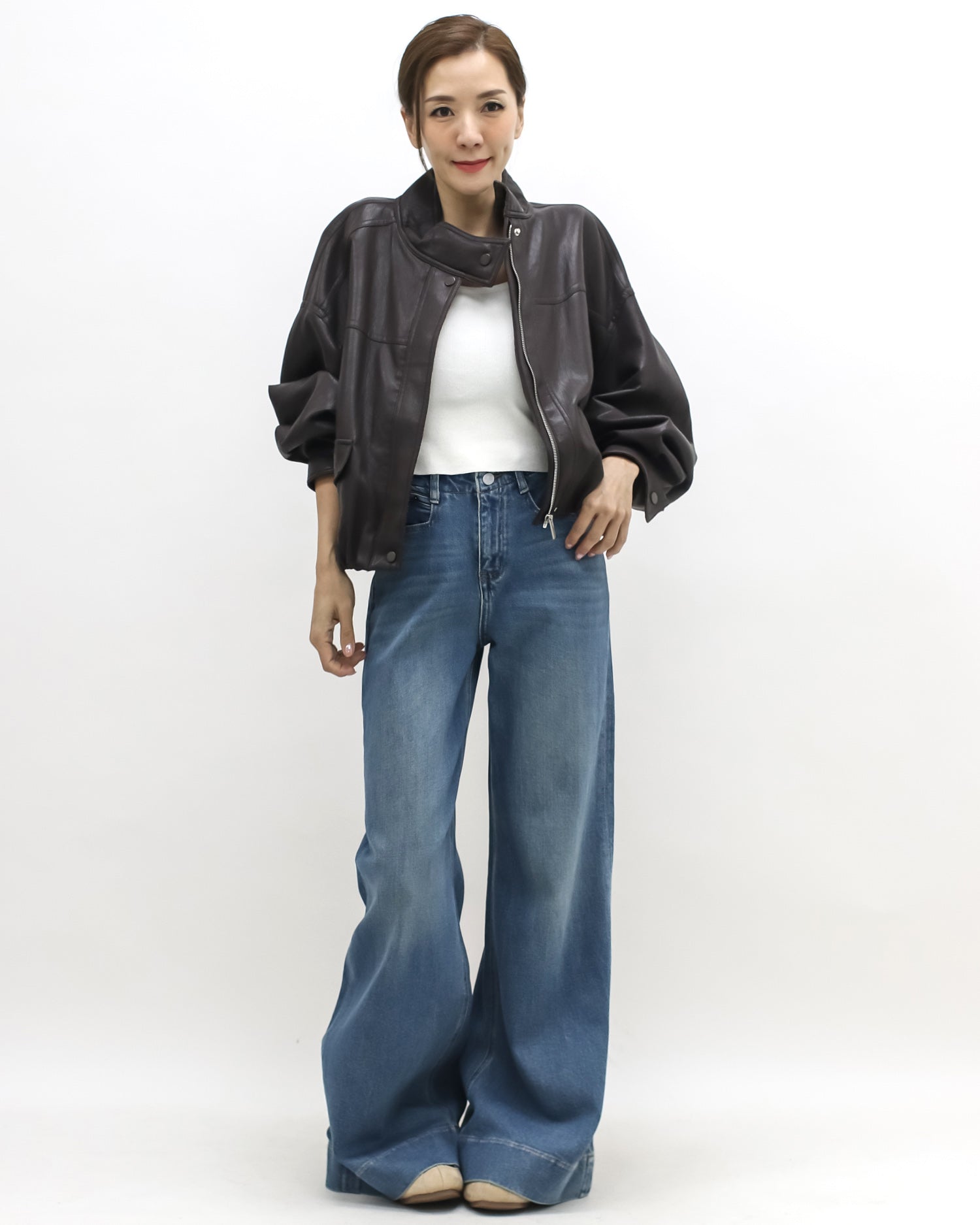 brown PU leather bomber jacket *pre-order*