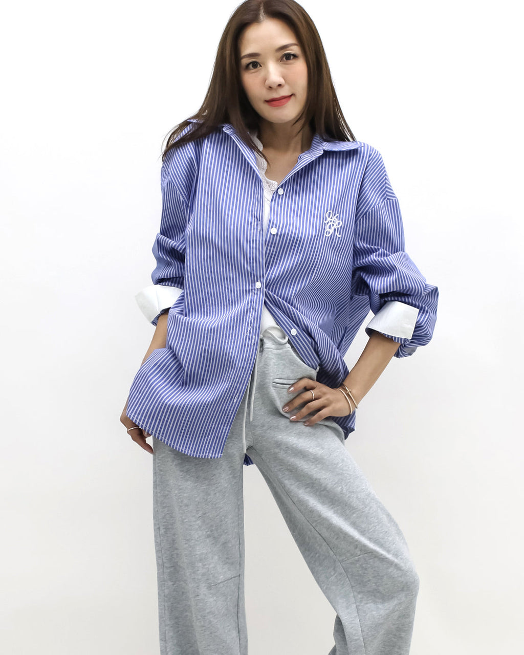 blue & ivory stripes w/ embroidered front shirt