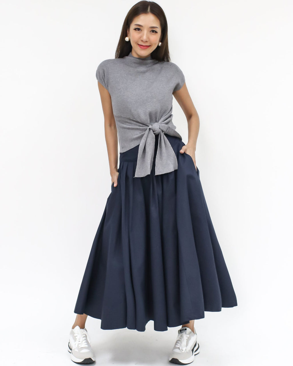 Navy flare cotton longline skirt