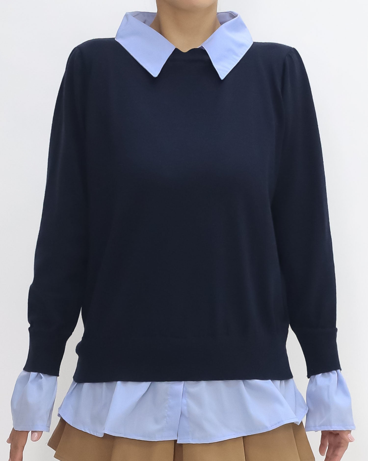 navy knitted w/ blue shirt contrast top *pre-order*