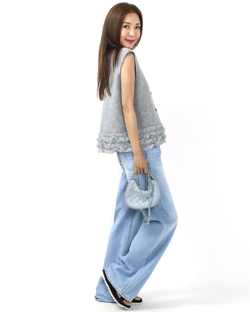 grey knitted w/ mesh ruffles hem vest jacket *pre-order*