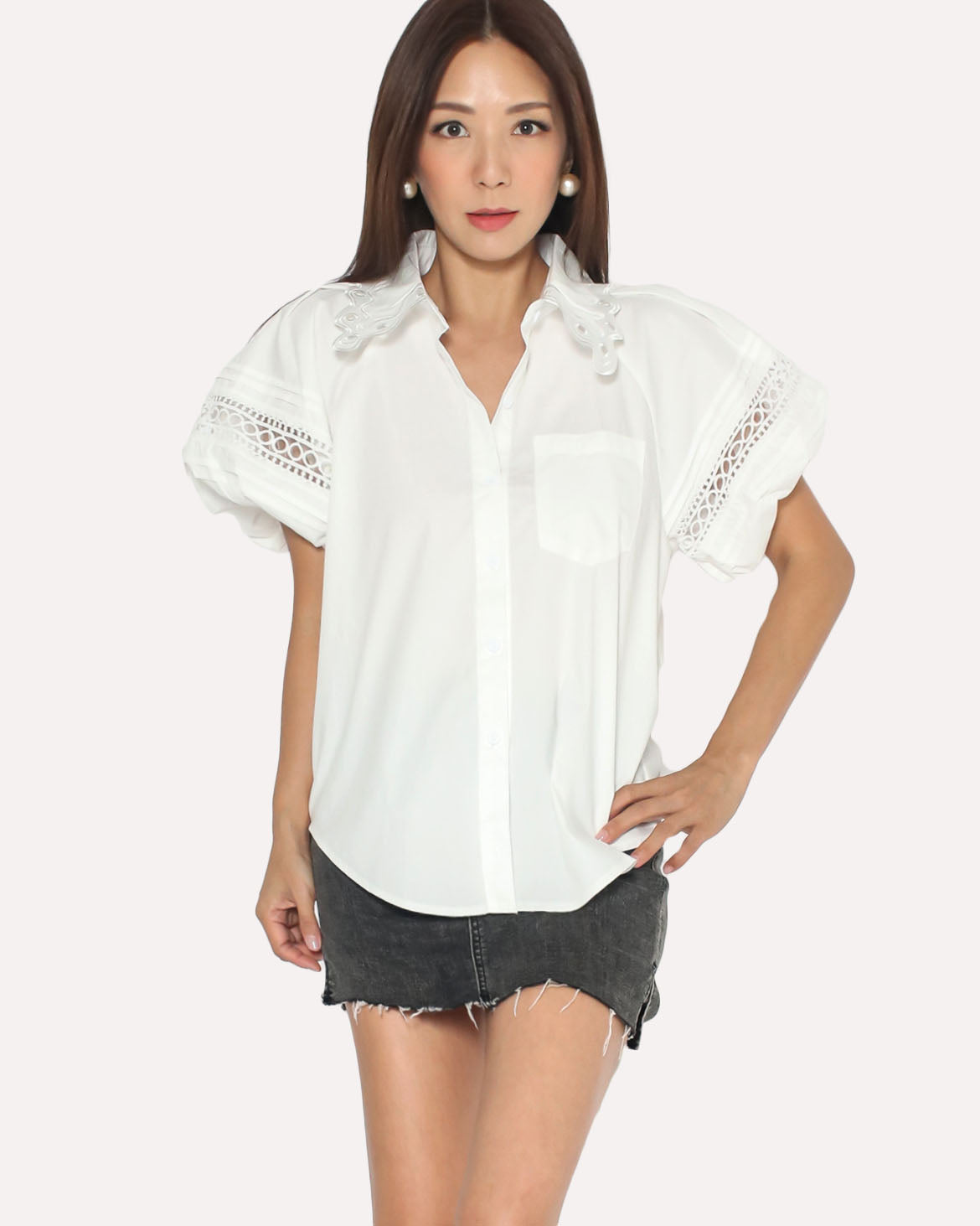 ivory mesh scallop collar & crochet puff sleeves shirt *pre-order*