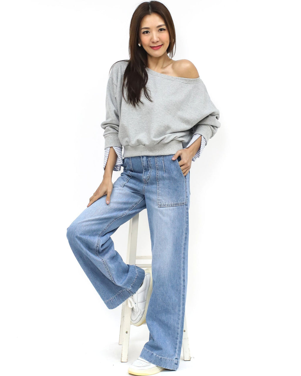 grey w/ blue & ivory stripes cuffs off shoulder sweatshirt *pre-order*