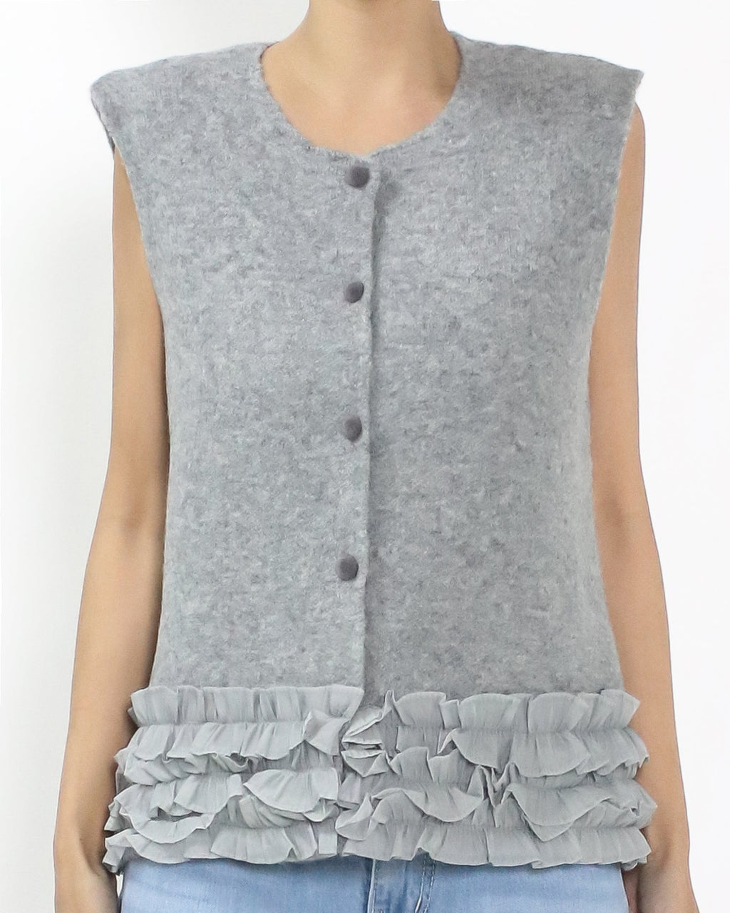 grey knitted w/ mesh ruffles hem vest jacket *pre-order*