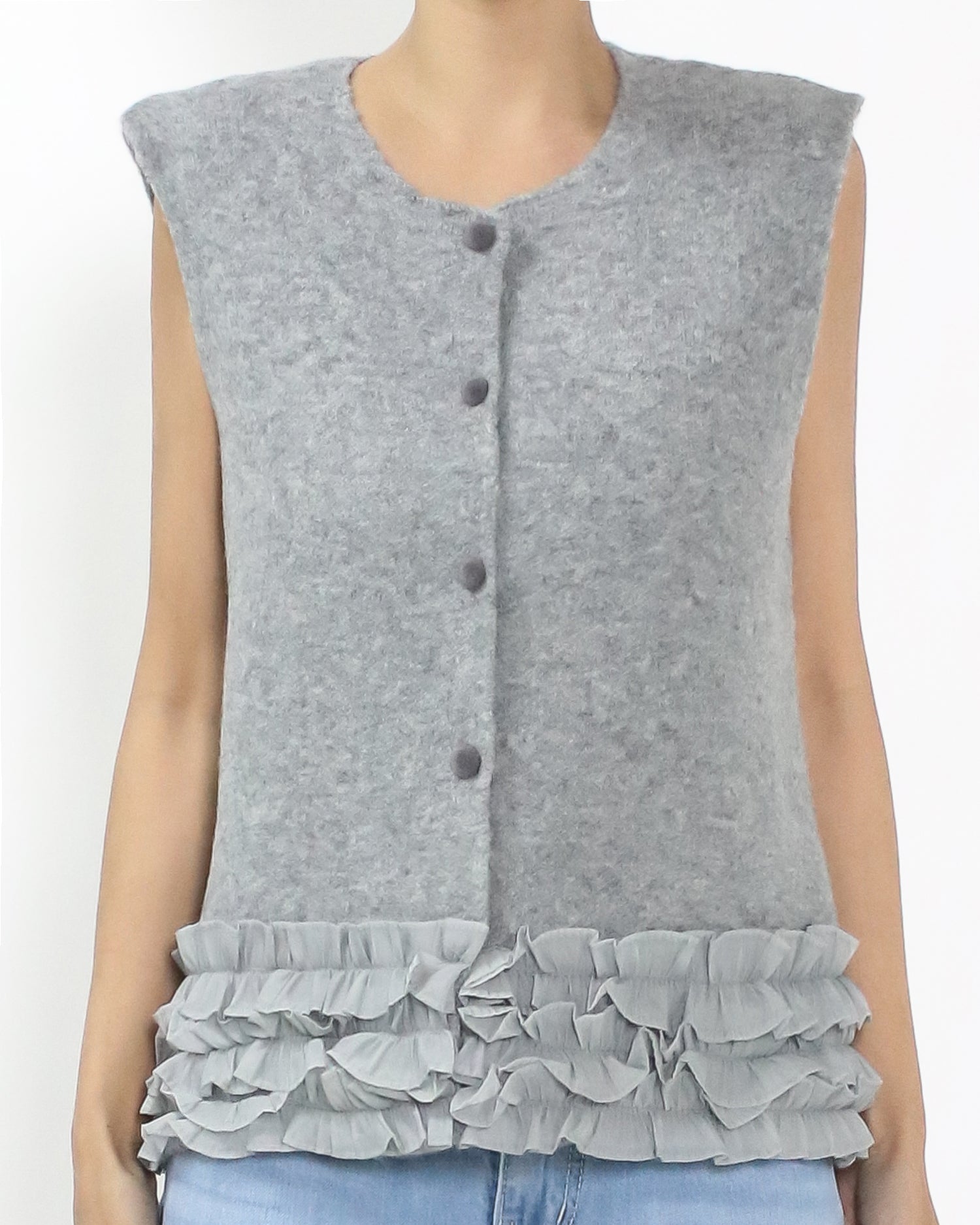 grey knitted w/ mesh ruffles hem vest jacket *pre-order*