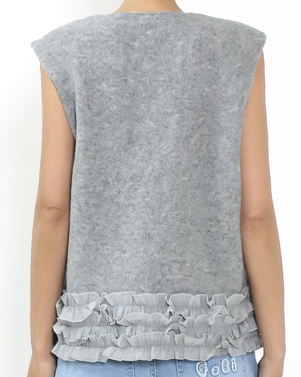 grey knitted w/ mesh ruffles hem vest jacket *pre-order*
