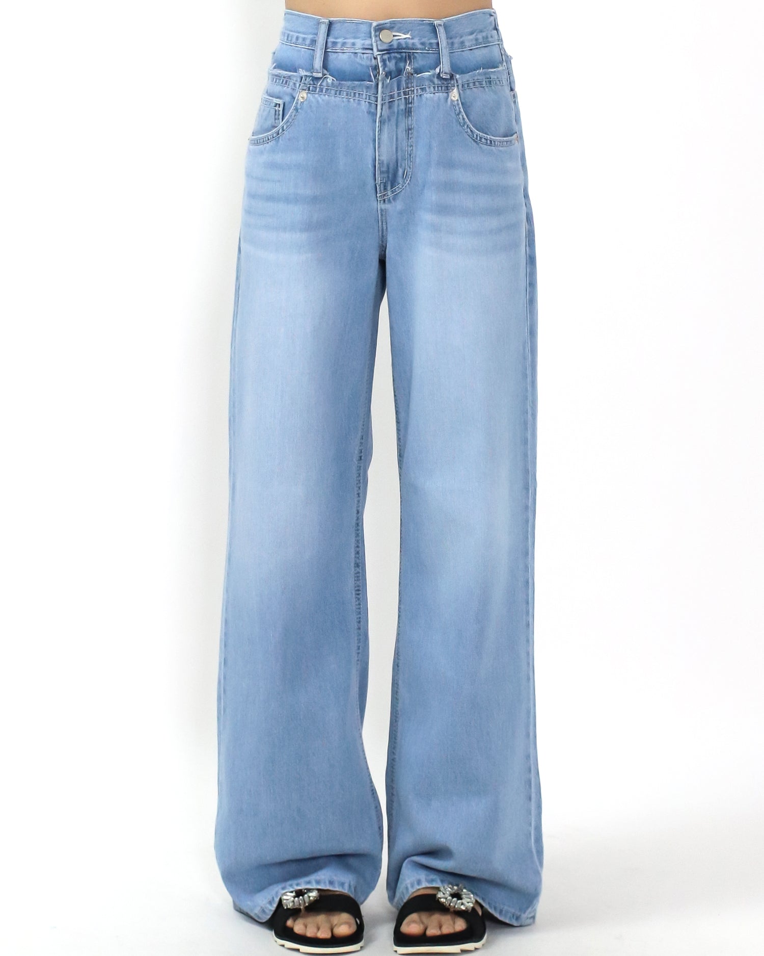 blue denim layer waist straight leg jeans