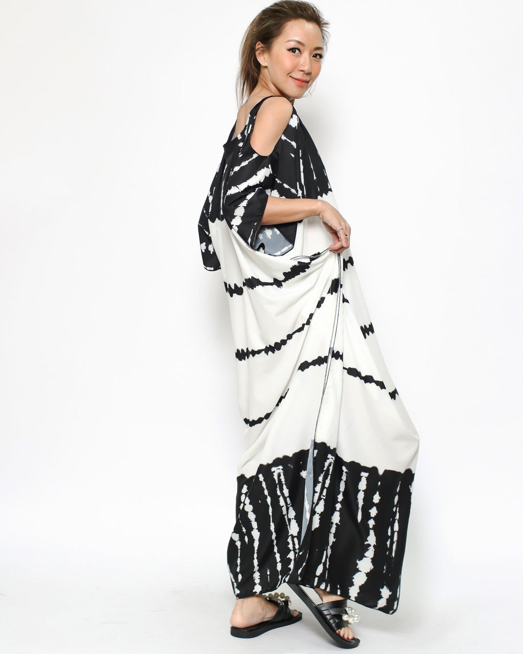 black & ivory tie-dye cutout shoulders cover up dress *pre-order*