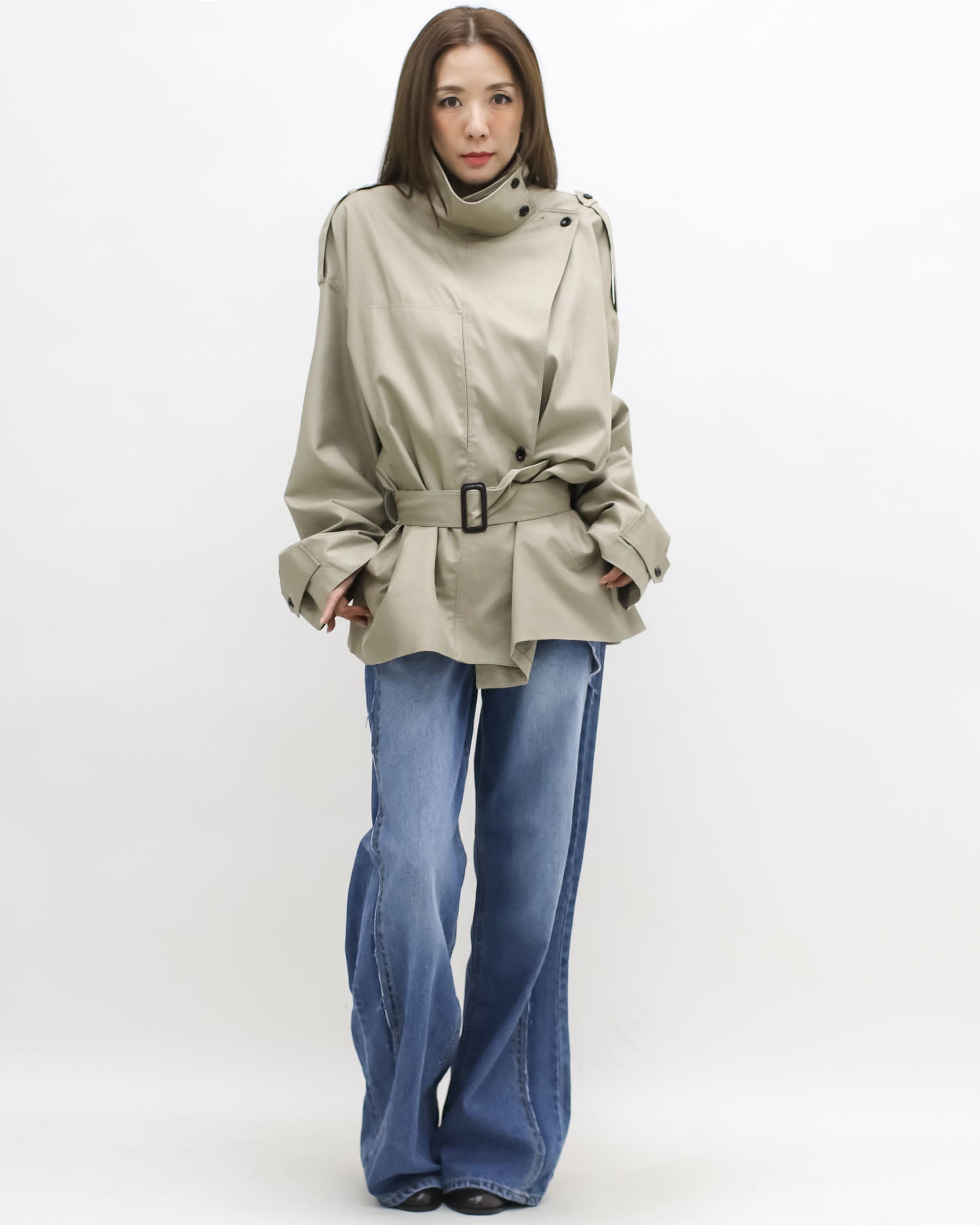 beige longline trench coat w/ belt