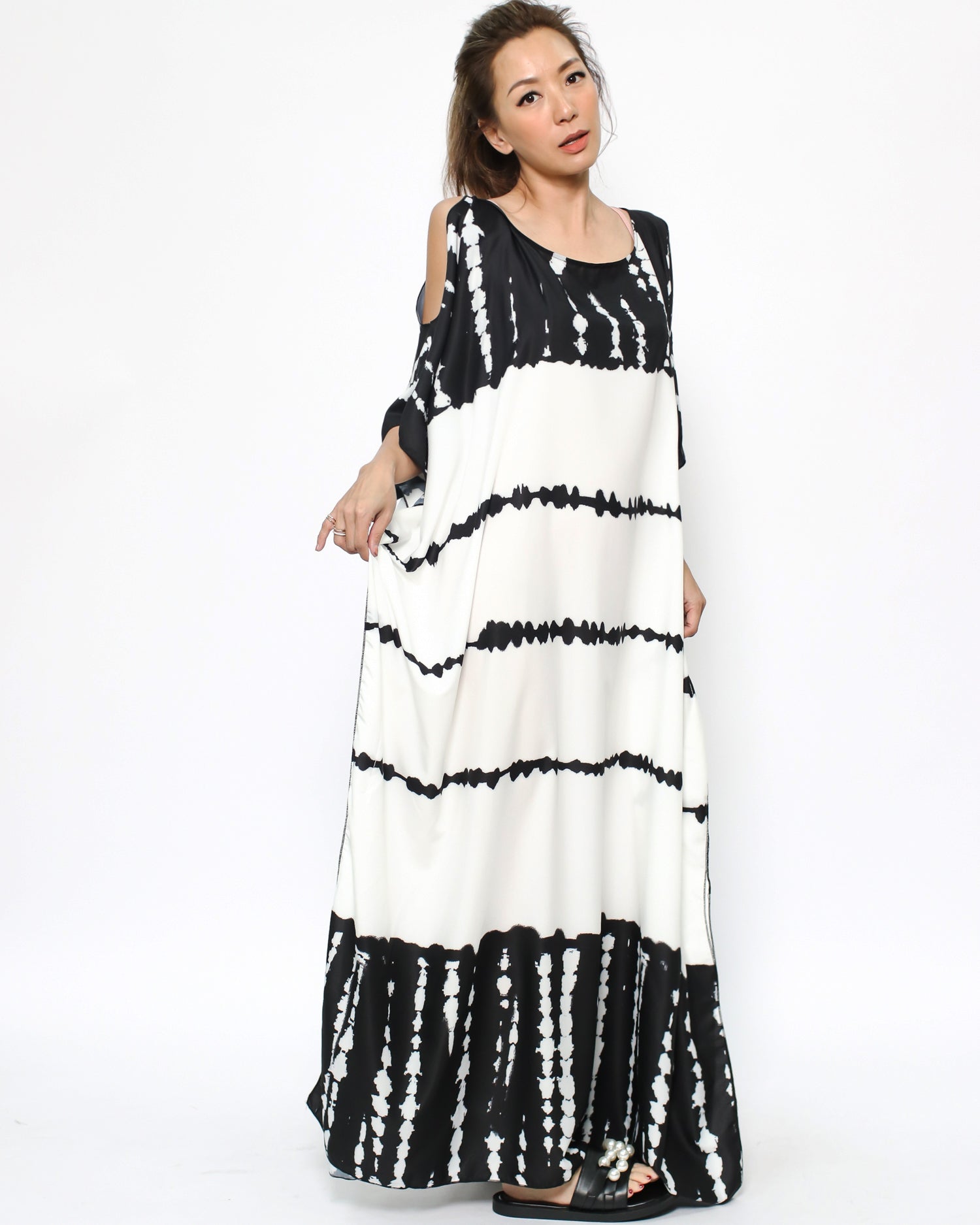 black & ivory tie-dye cutout shoulders cover up dress *pre-order*