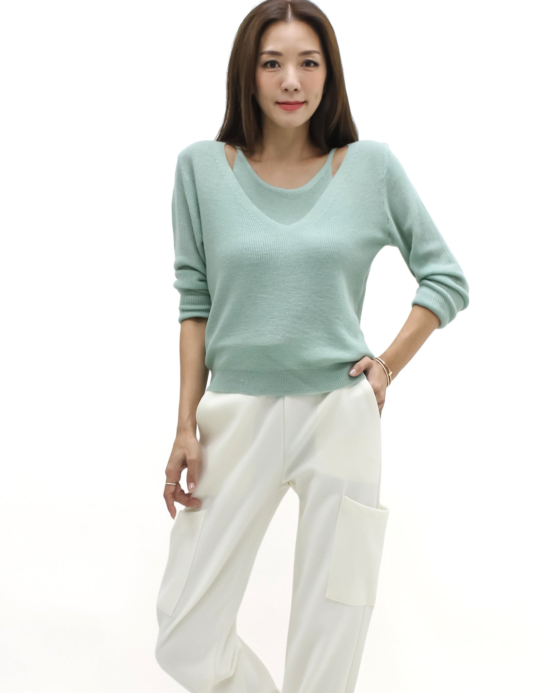 green vest layer fine knitted top