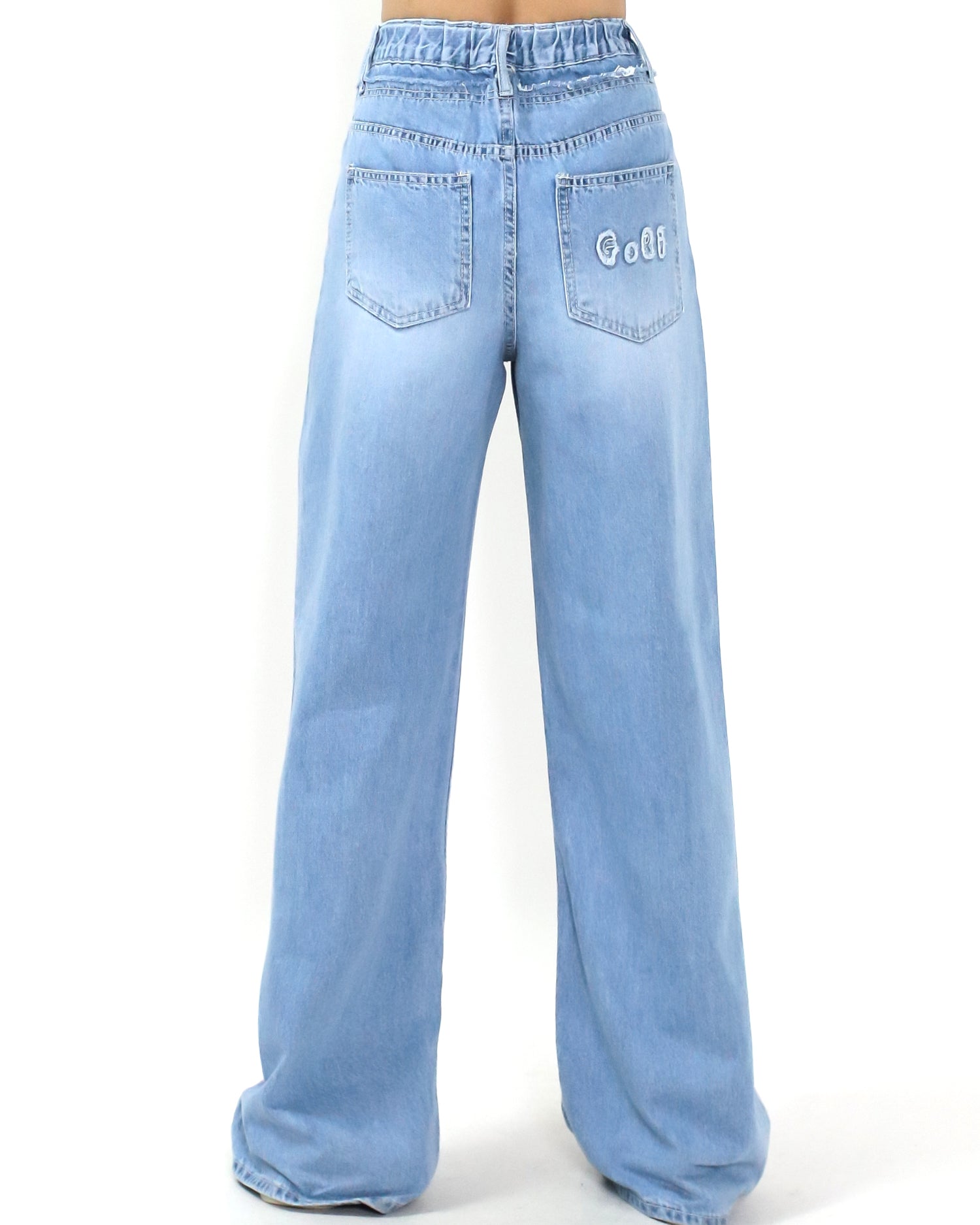 blue denim layer waist straight leg jeans