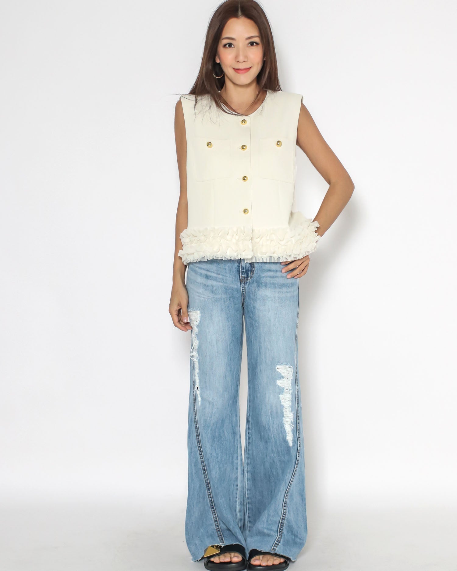 ivory mesh ruffles hem vest jacket *pre-order*