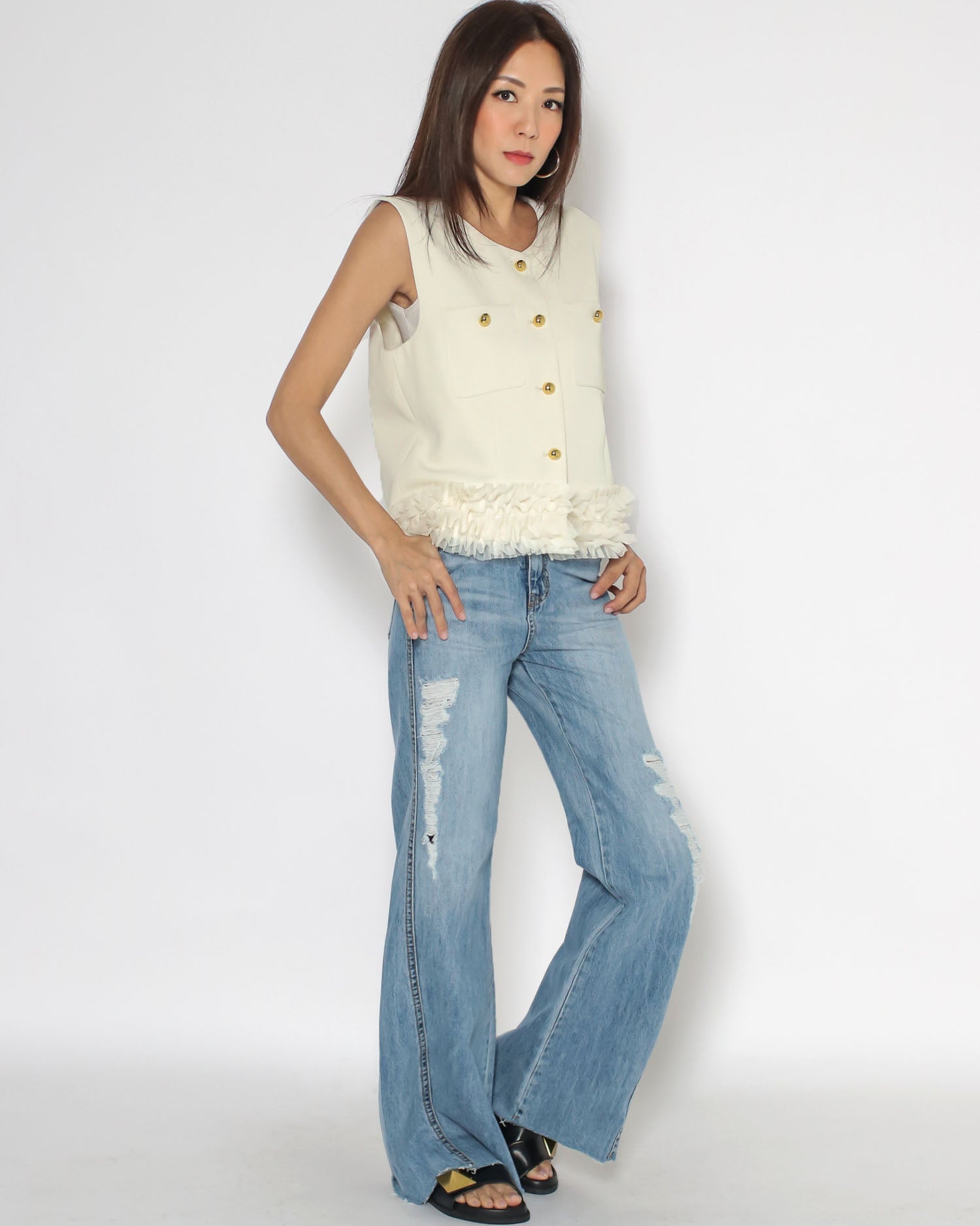 ivory mesh ruffles hem vest jacket *pre-order*