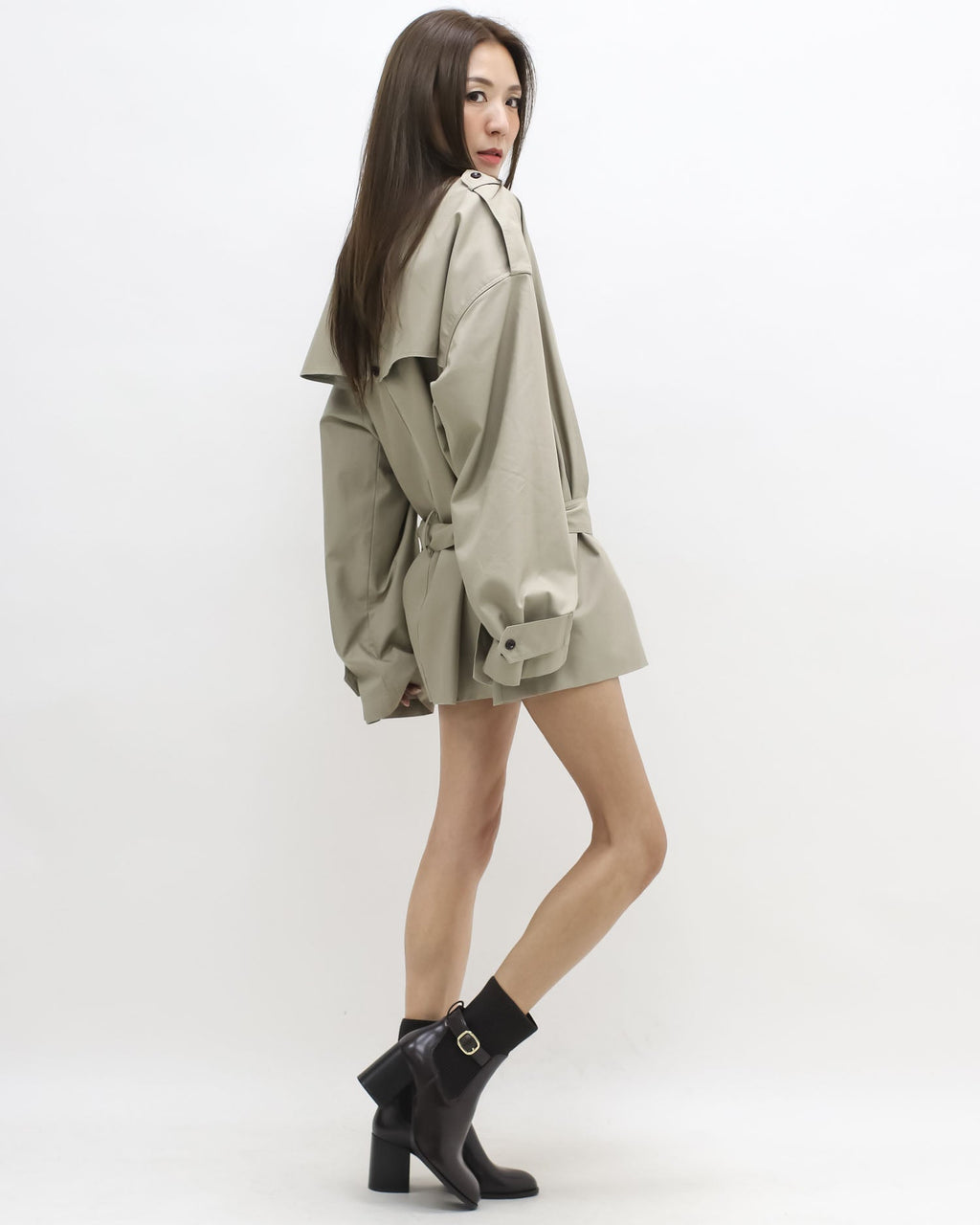 beige longline trench coat w/ belt
