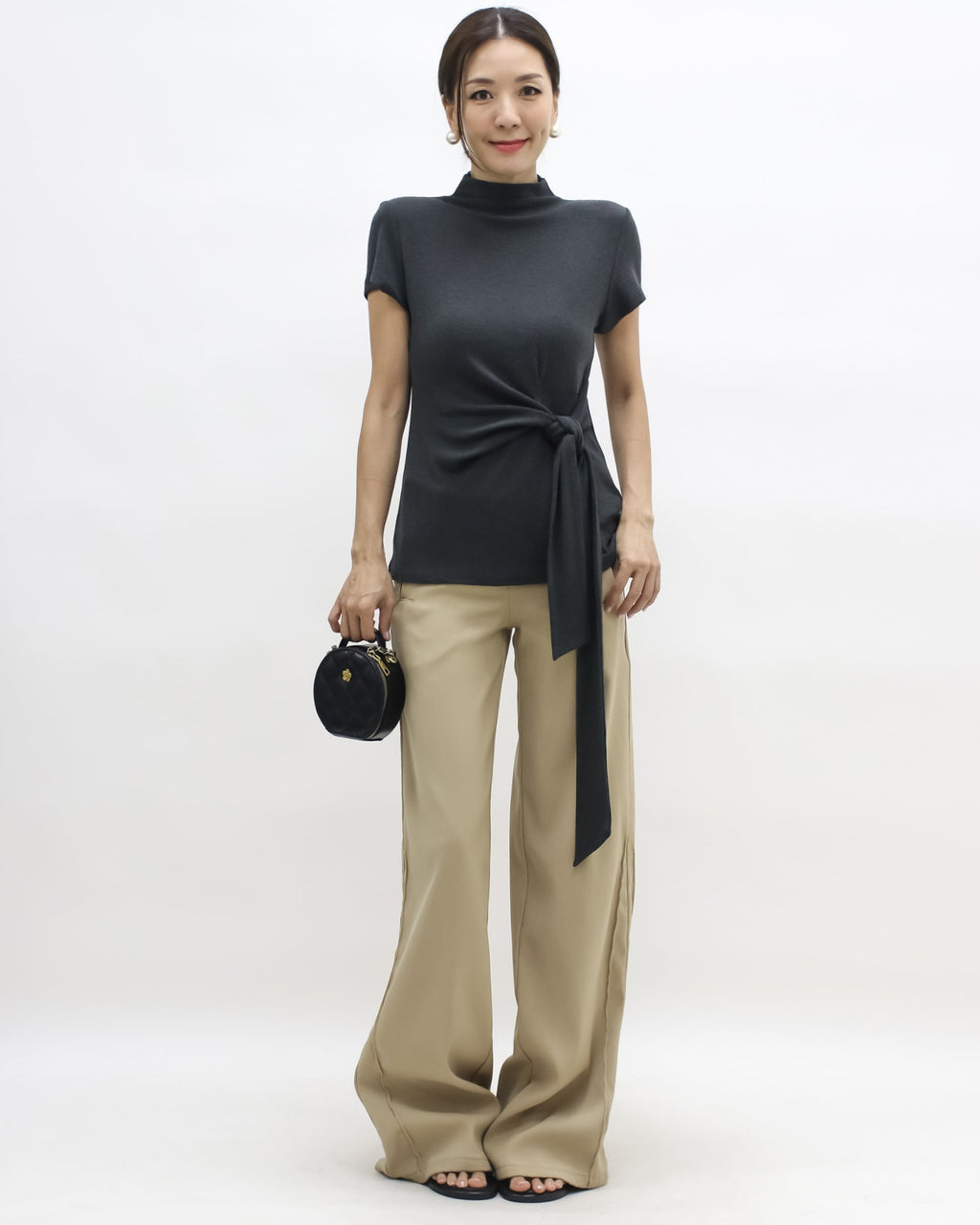 grey  wrap front belt high neck knitted top