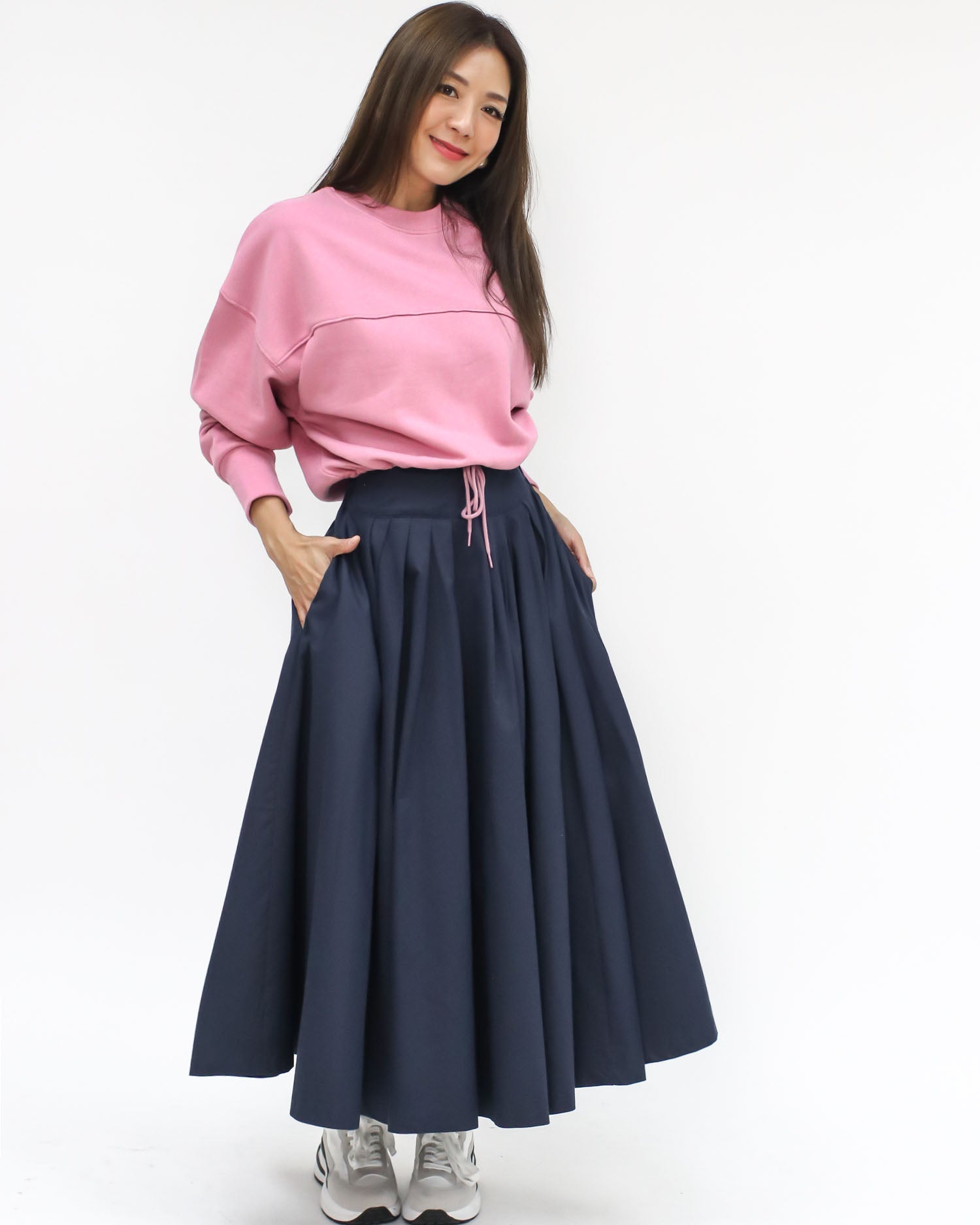 Navy flare cotton longline skirt