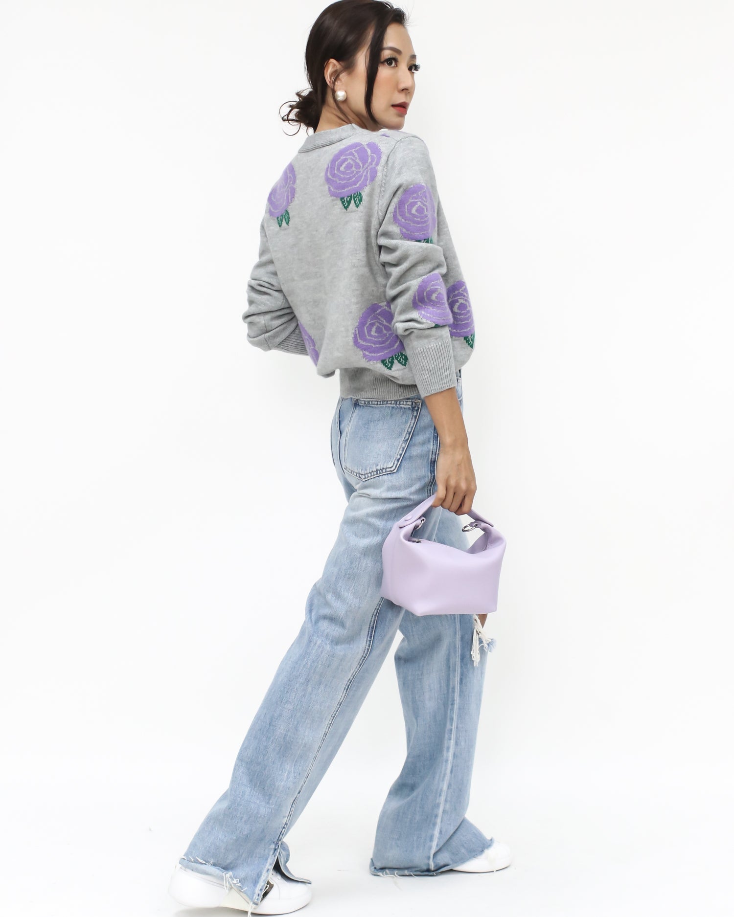 grey & lilac printed knitted cardigan *pre-order*