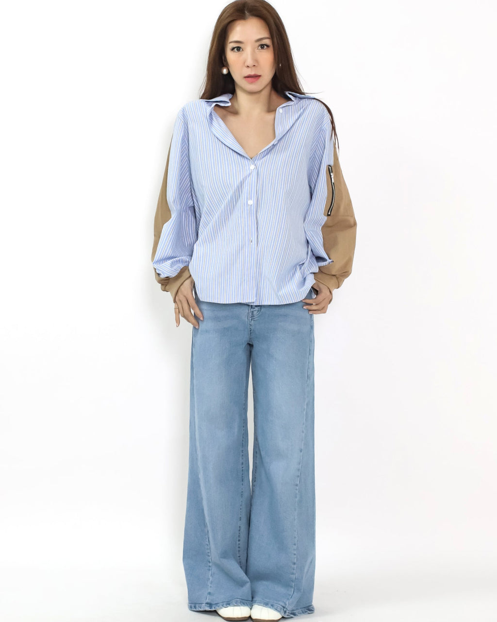 blue stripes w/ brown sleeves shirt *pre-order*