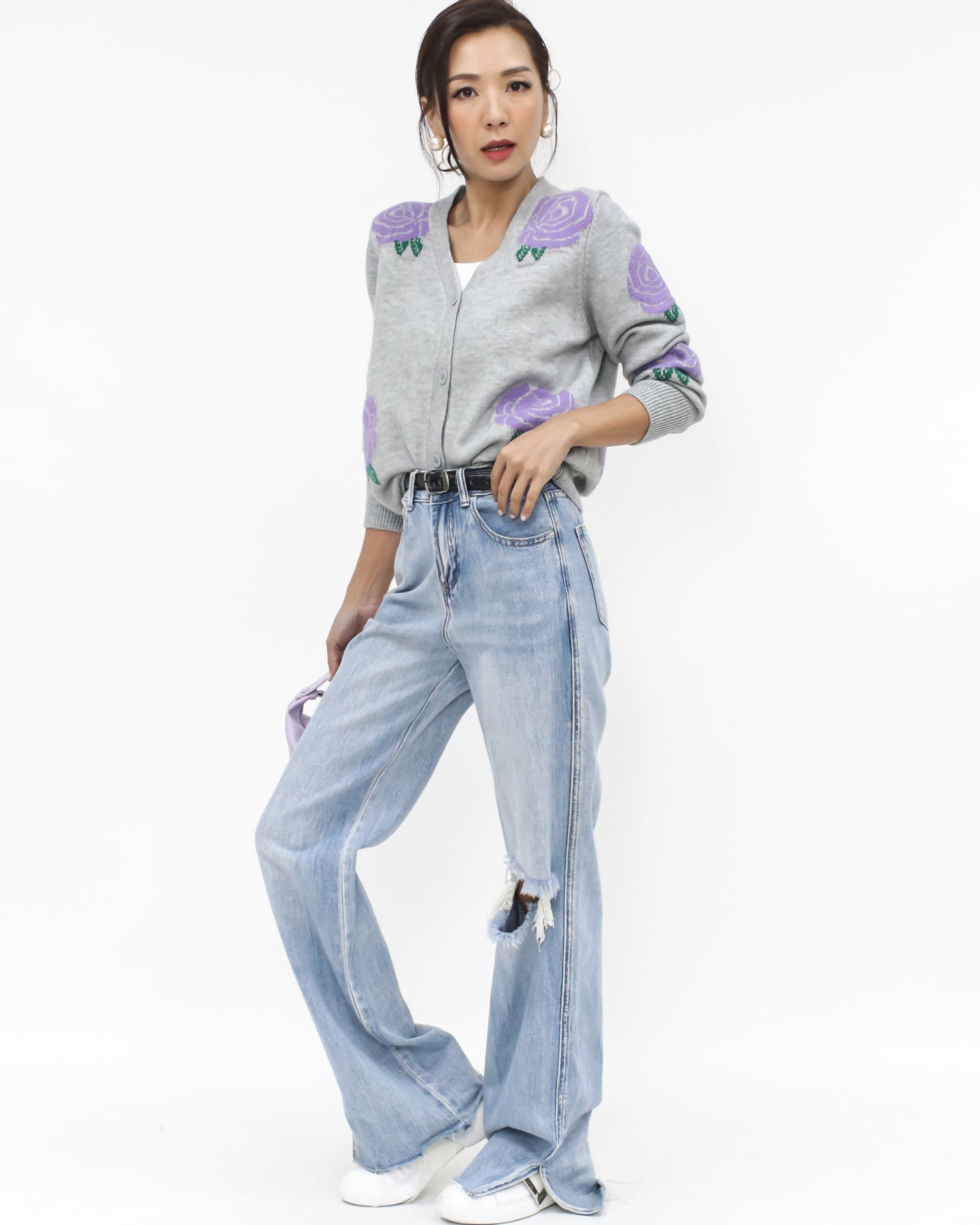 grey & lilac printed knitted cardigan *pre-order*