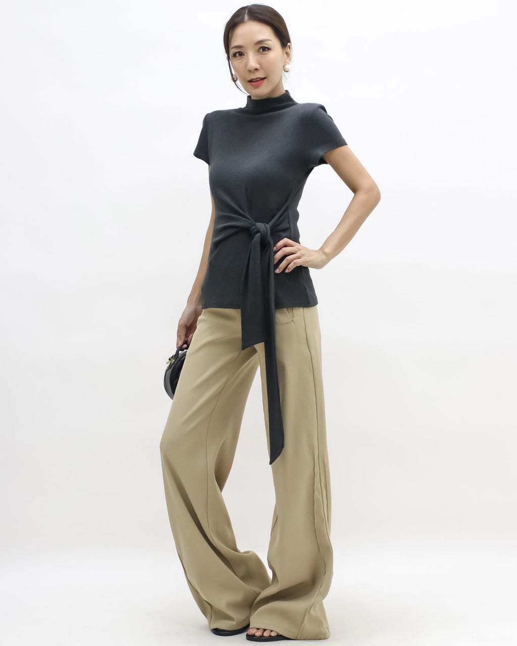 grey  wrap front belt high neck knitted top