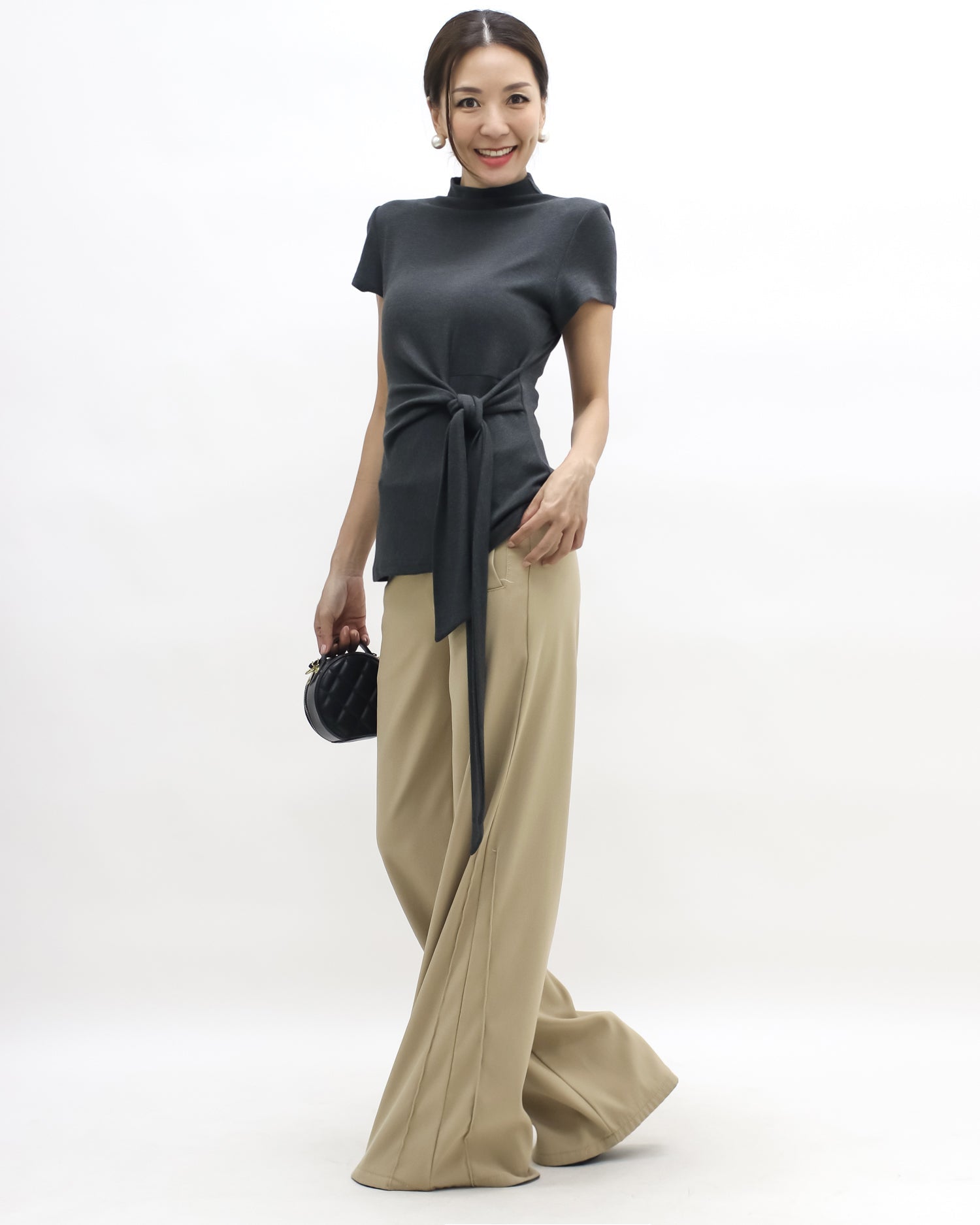 grey  wrap front belt high neck knitted top