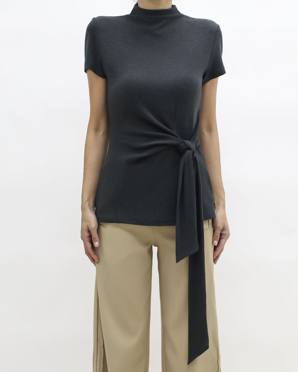 grey  wrap front belt high neck knitted top