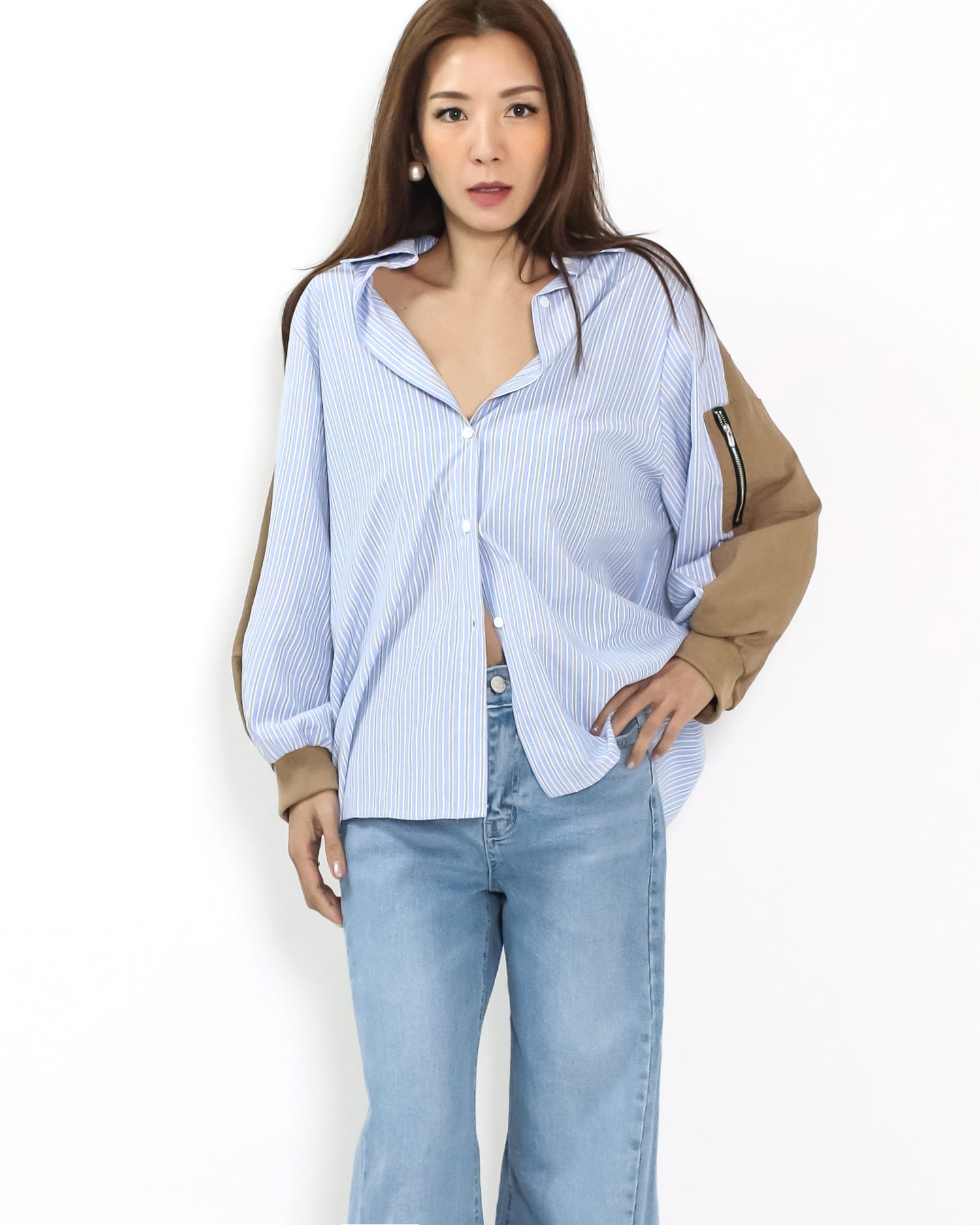 blue stripes w/ brown sleeves shirt *pre-order*