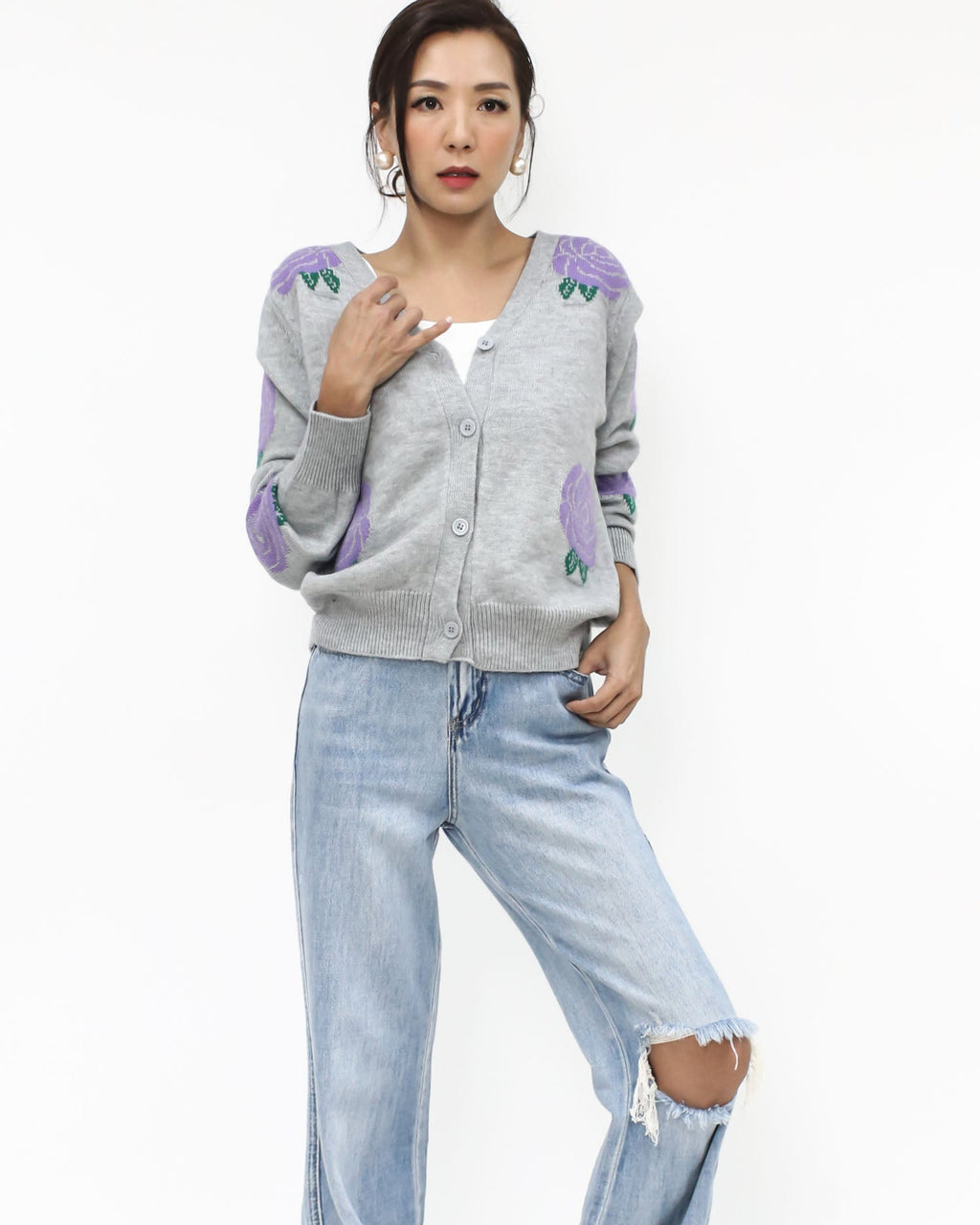 grey & lilac printed knitted cardigan *pre-order*