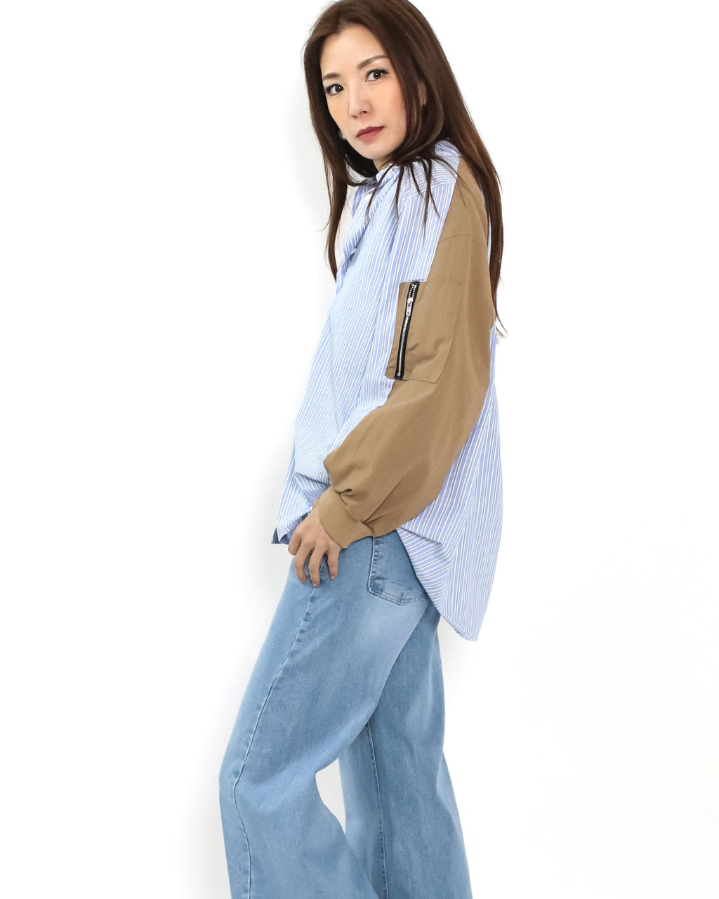 blue stripes w/ brown sleeves shirt *pre-order*